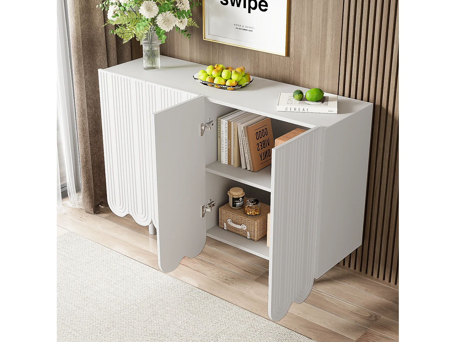 Buffet avec portes sculptées en forme de goutte, design moderne, MDF, blanc (120x37.5x80.8 cm)