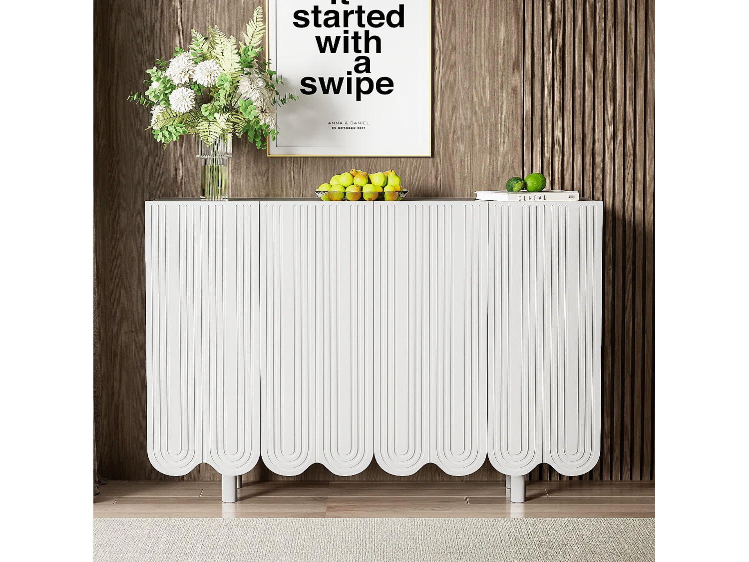 Buffet avec portes sculptées en forme de goutte, design moderne, MDF, blanc (120x37.5x80.8 cm)