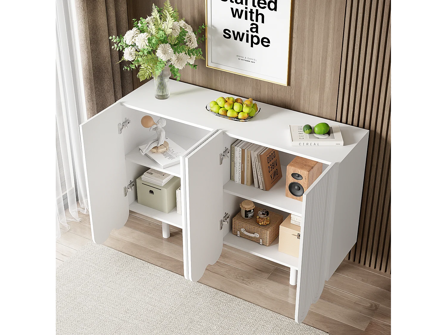 Buffet avec portes sculptées en forme de goutte, design moderne, MDF, blanc (120x37.5x80.8 cm)