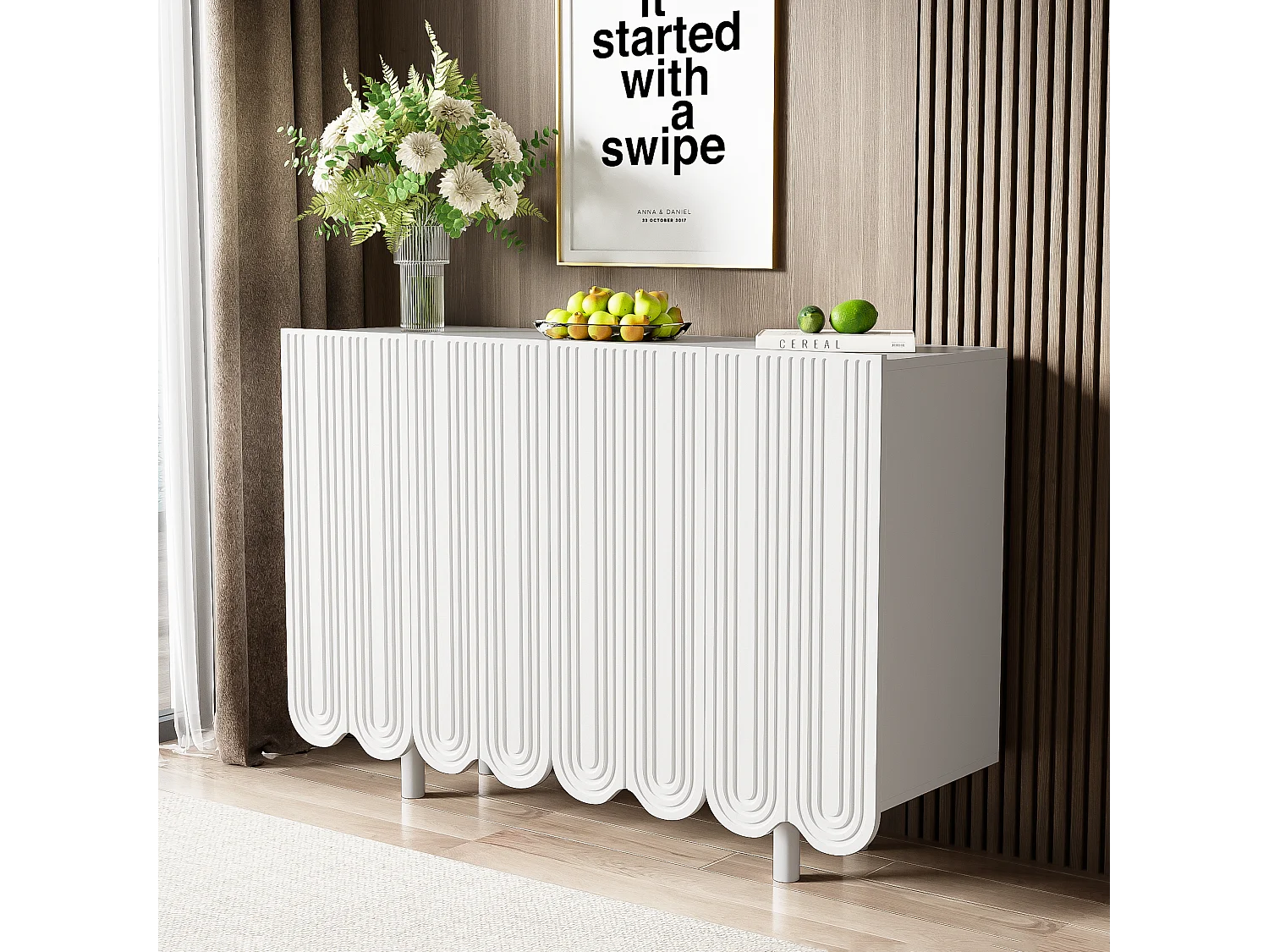 Buffet avec portes sculptées en forme de goutte, design moderne, MDF, blanc (120x37.5x80.8 cm)