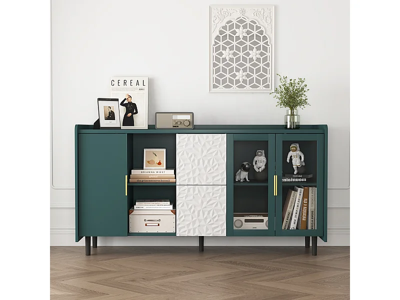 Vorratsschrank pour la cuisine avec 2 tiroirs, 2 étagères ouvertes et 2 portes en verre, meuble buffet en MDF vert (150x40x80 cm)