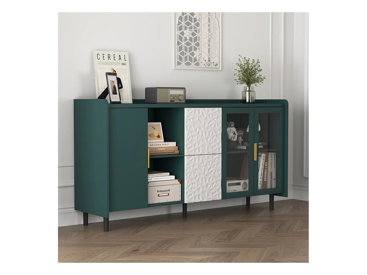 Keuken dressoir met 2 lades, 2 open planken en 2 glazen deuren, groen MDF dressoir (150x40x80 cm)