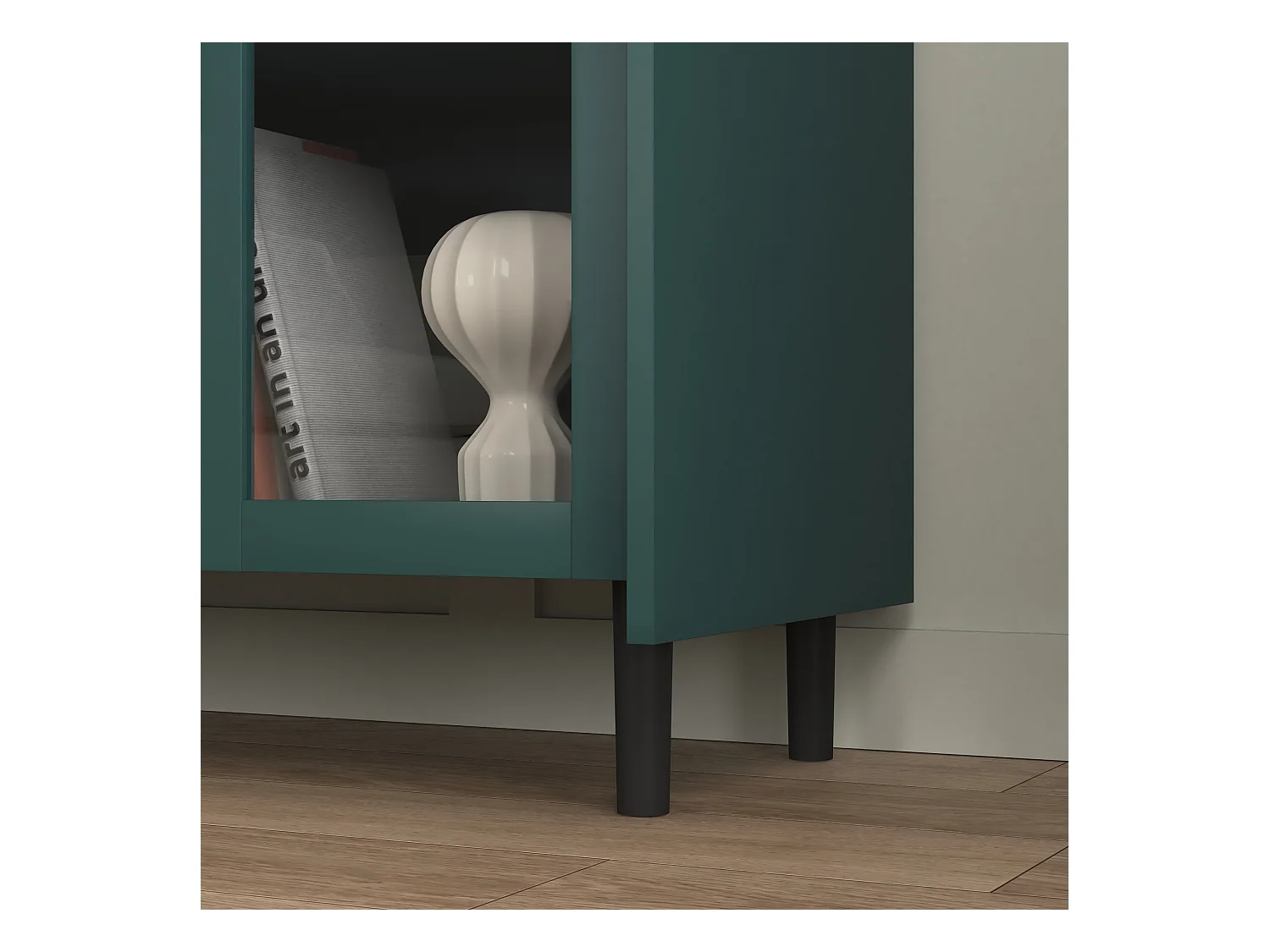 Keuken dressoir met 2 lades, 2 open planken en 2 glazen deuren, groen MDF dressoir (150x40x80 cm)