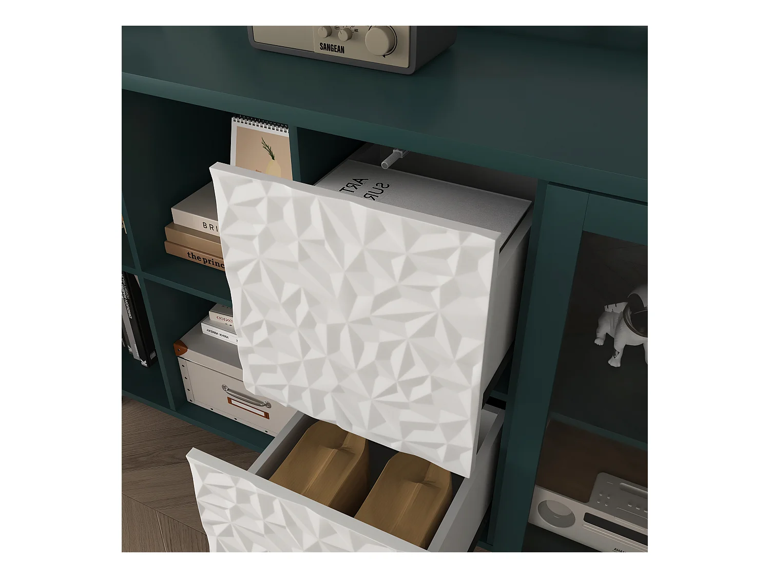 Keuken dressoir met 2 lades, 2 open planken en 2 glazen deuren, groen MDF dressoir (150x40x80 cm)