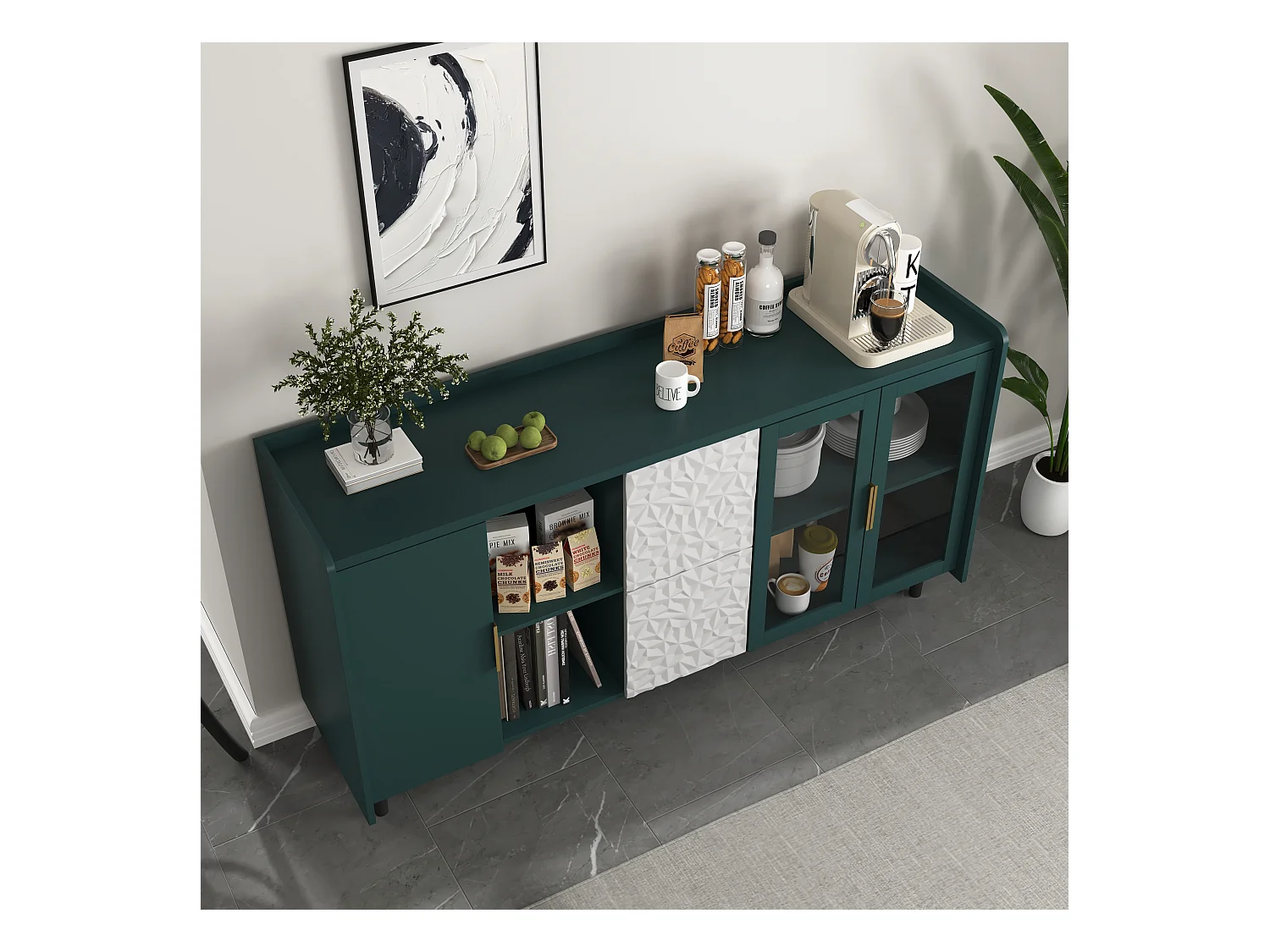 Keuken dressoir met 2 lades, 2 open planken en 2 glazen deuren, groen MDF dressoir (150x40x80 cm)