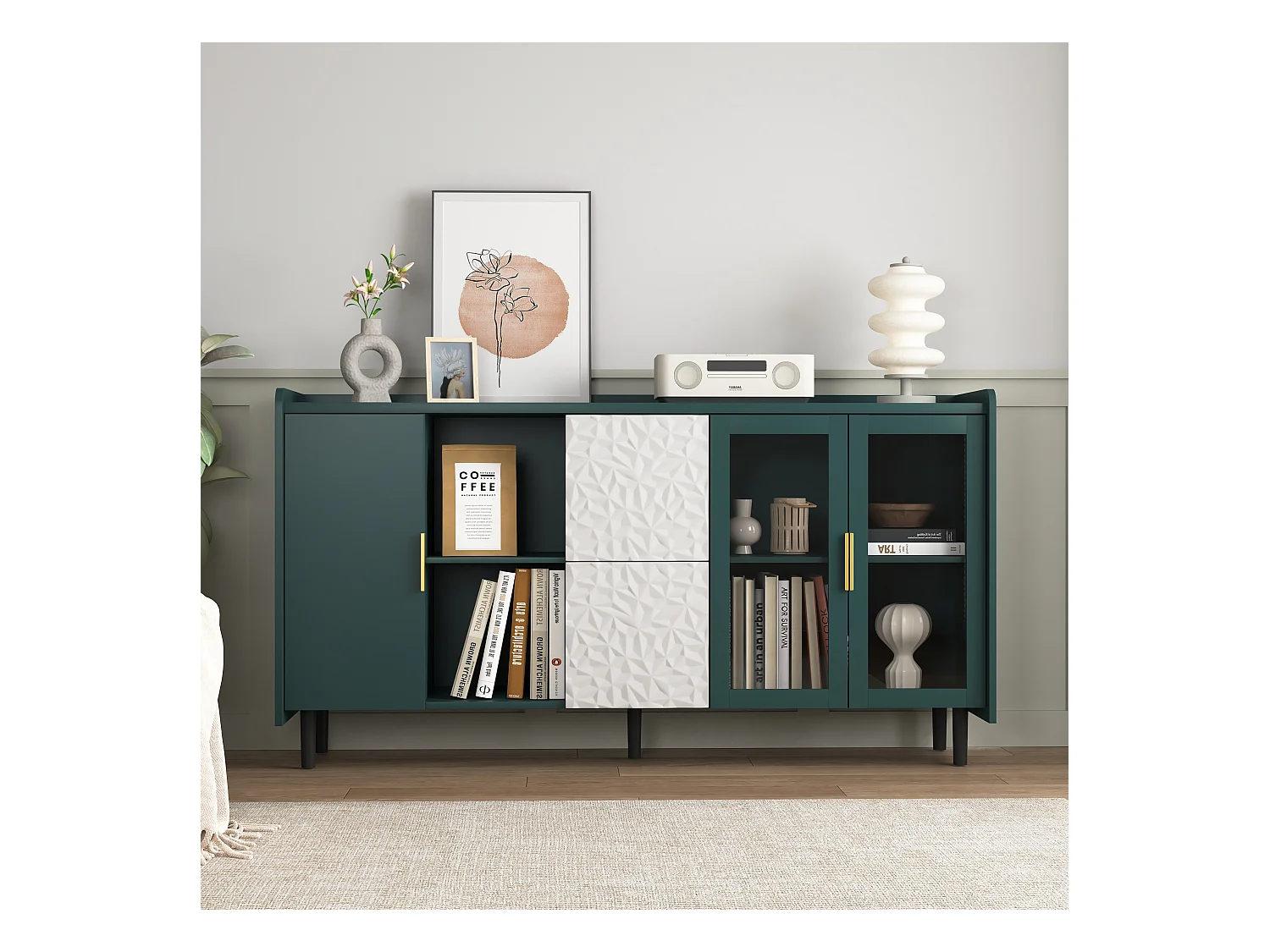 Keuken dressoir met 2 lades, 2 open planken en 2 glazen deuren, groen MDF dressoir (150x40x80 cm)