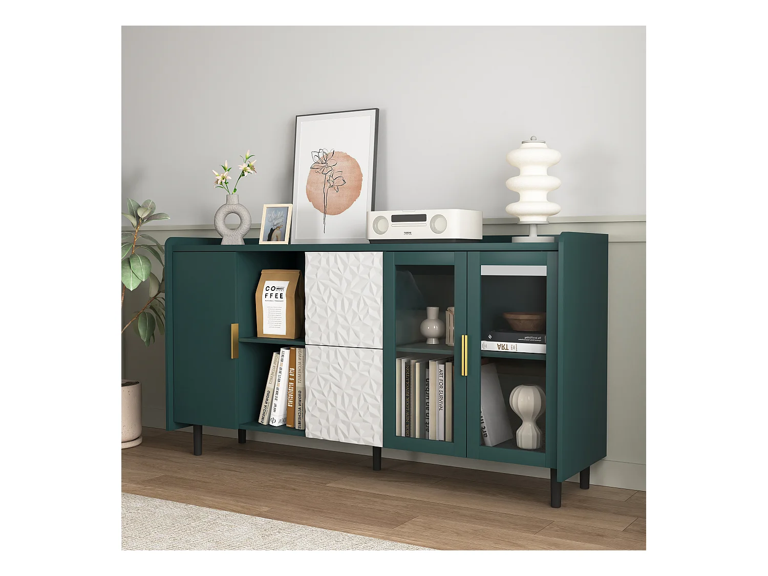 Keuken dressoir met 2 lades, 2 open planken en 2 glazen deuren, groen MDF dressoir (150x40x80 cm)