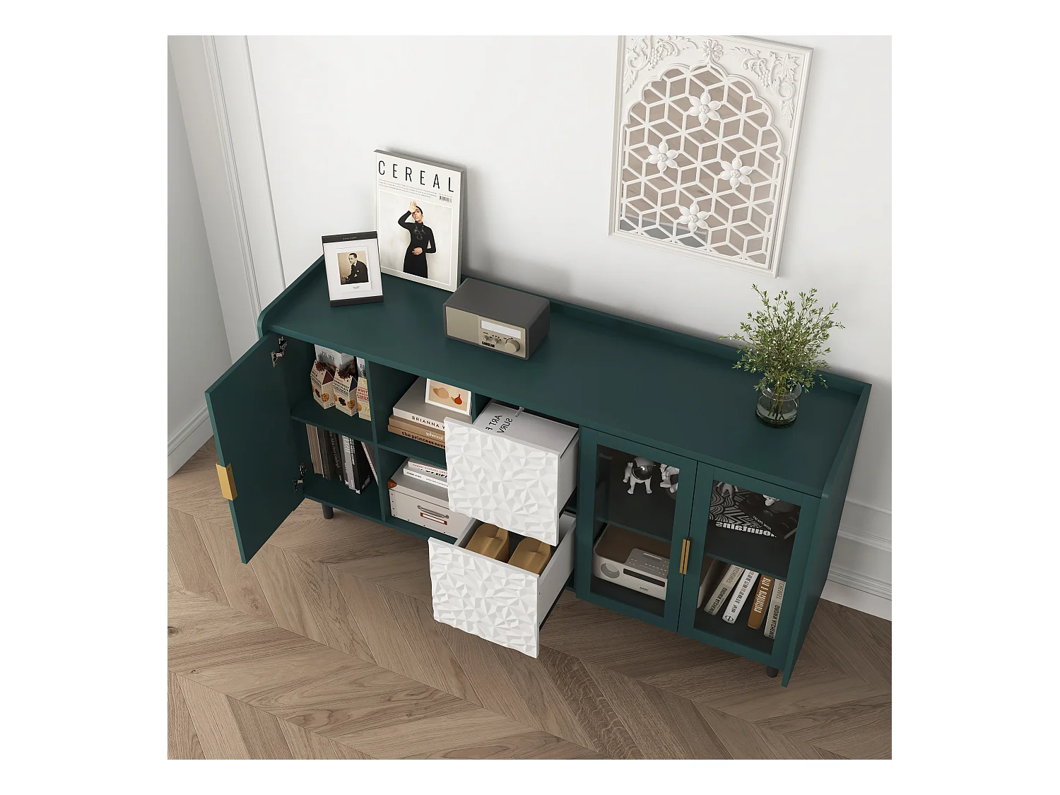 Aparador de cocina con 2 cajones, 2 estantes abiertos y 2 puertas de cristal, aparador de MDF verde (150x40x80 cm)