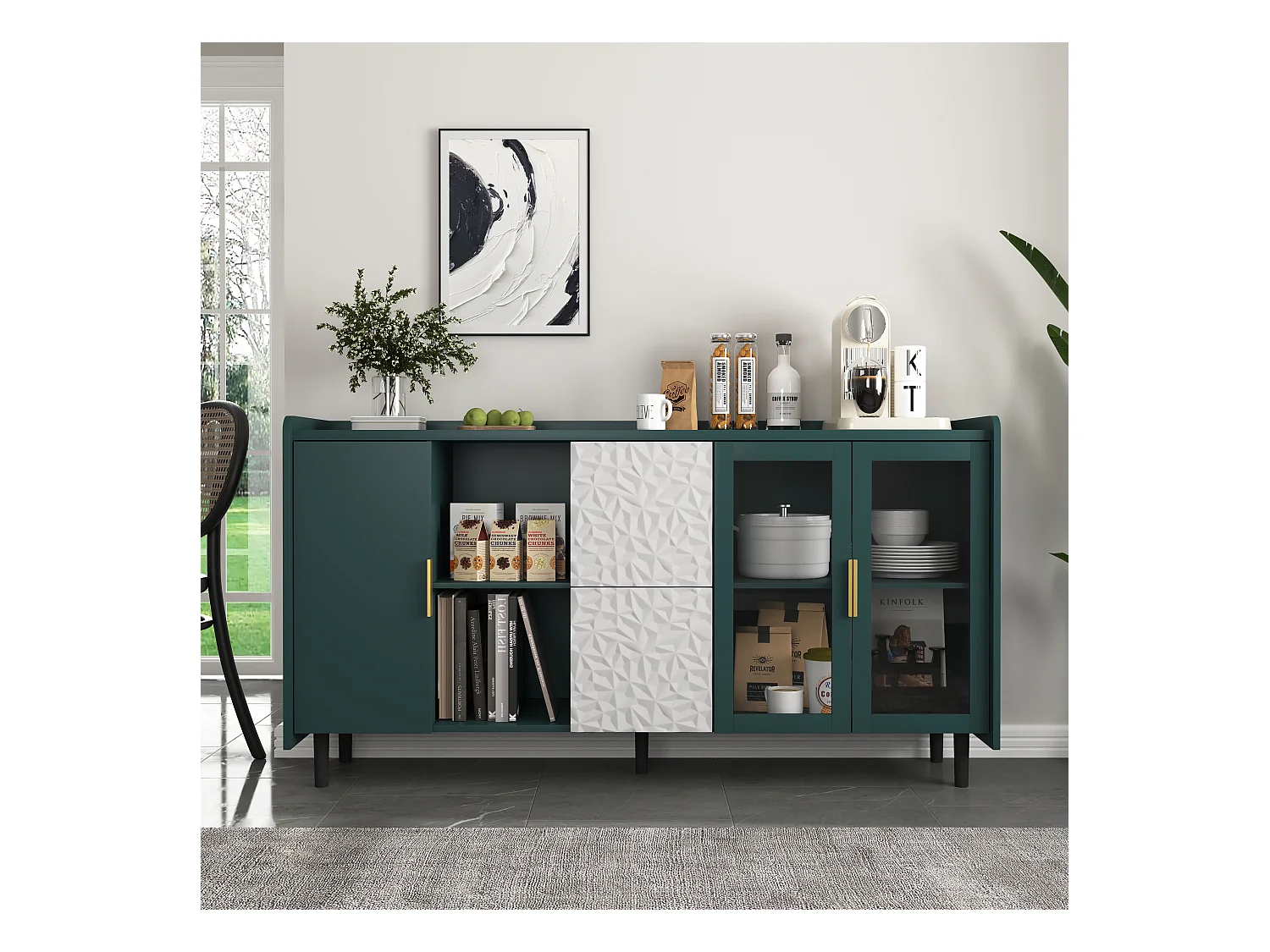 Aparador de cocina con 2 cajones, 2 estantes abiertos y 2 puertas de cristal, aparador de MDF verde (150x40x80 cm)