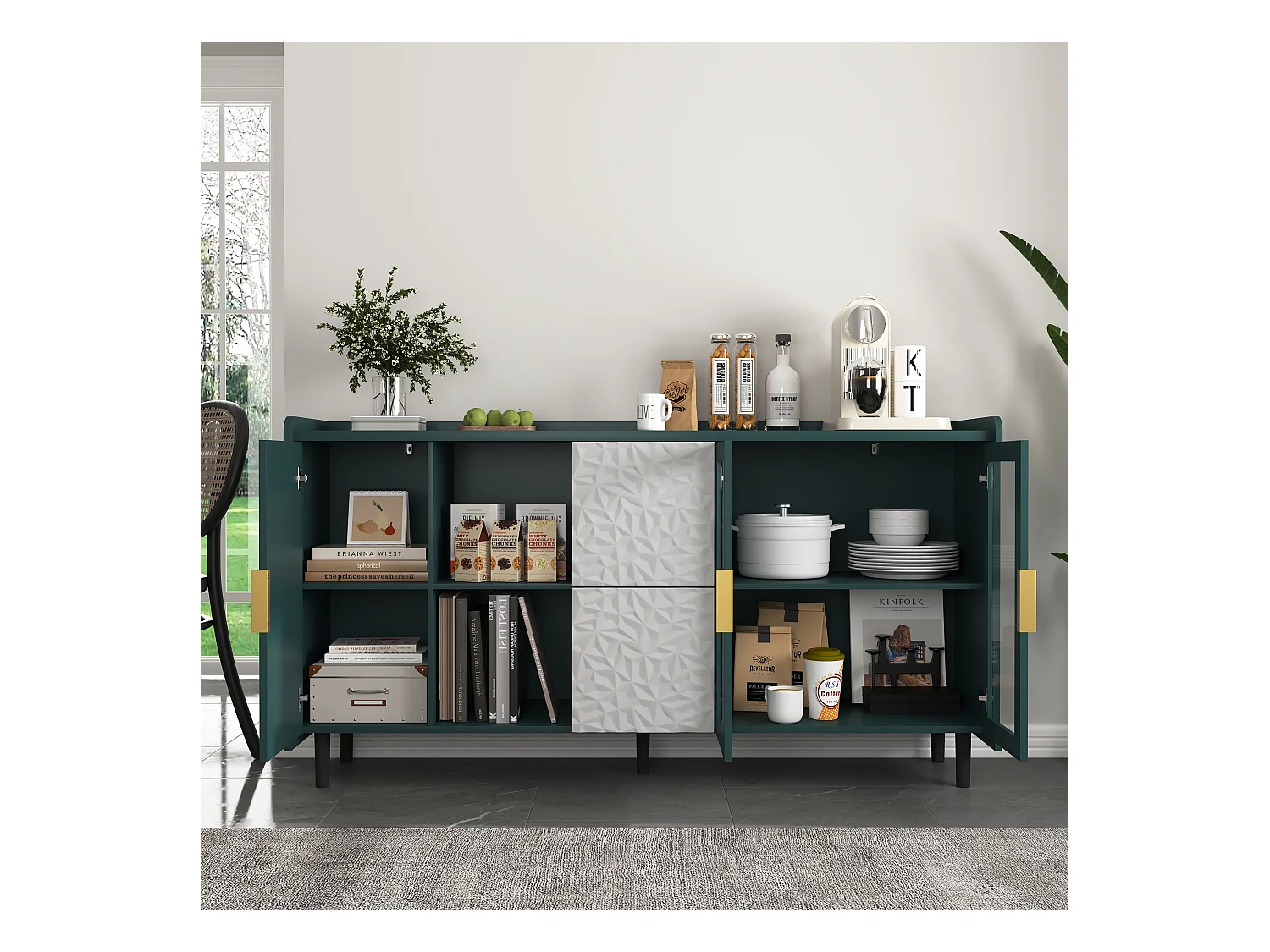 Aparador de cocina con 2 cajones, 2 estantes abiertos y 2 puertas de cristal, aparador de MDF verde (150x40x80 cm)