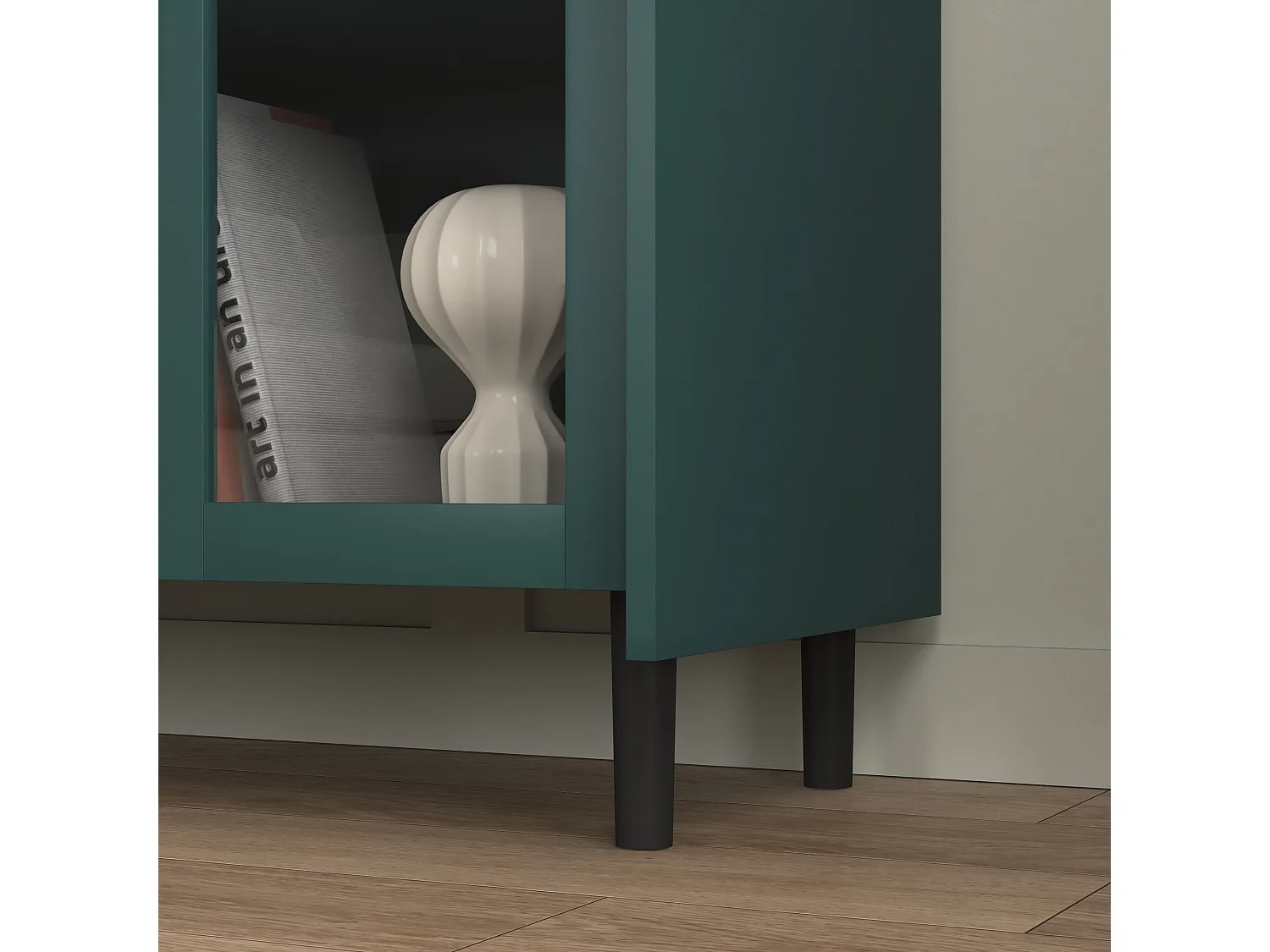 Aparador de cocina con 2 cajones, 2 estantes abiertos y 2 puertas de cristal, aparador de MDF verde (150x40x80 cm)