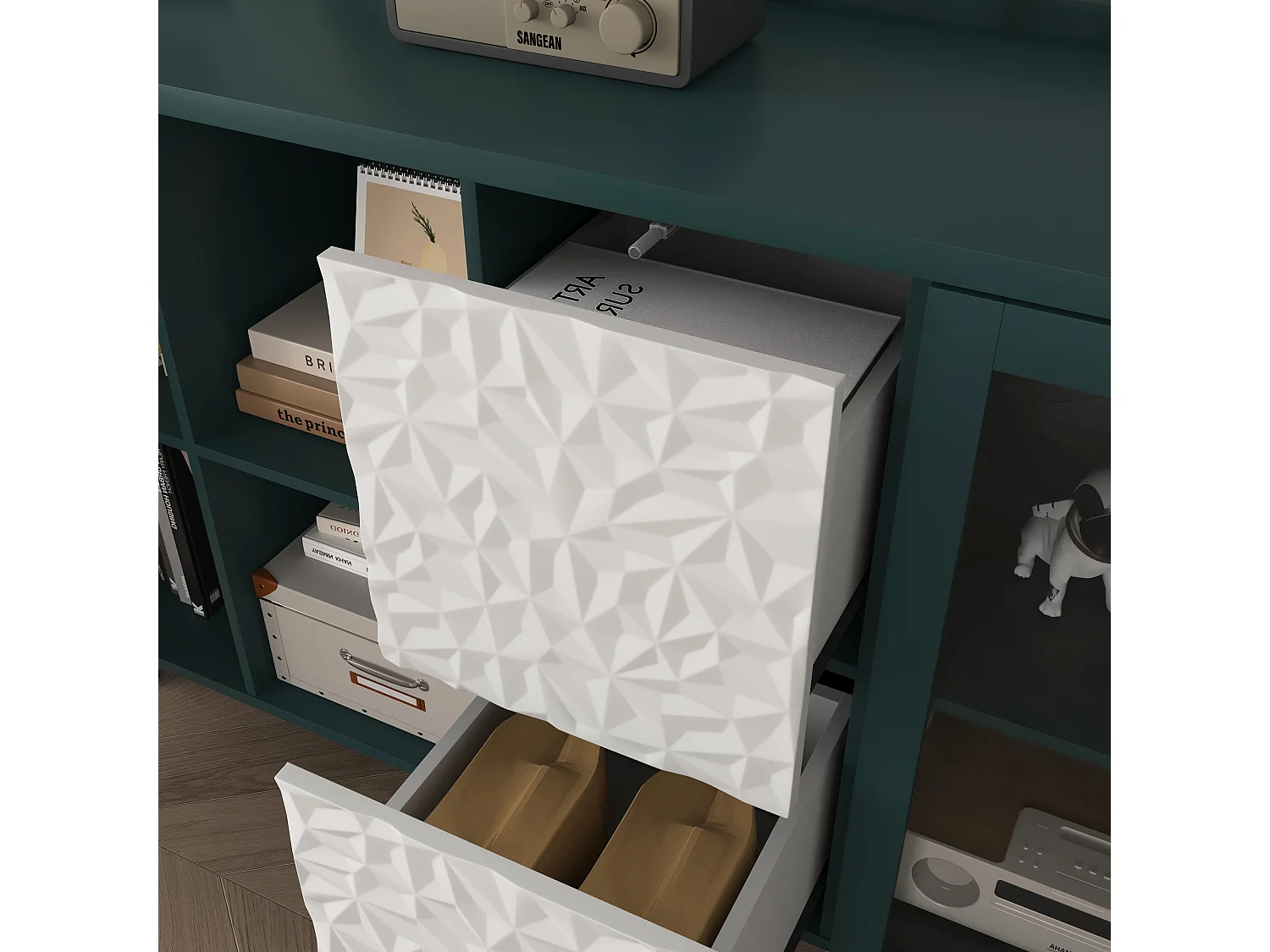 Aparador de cocina con 2 cajones, 2 estantes abiertos y 2 puertas de cristal, aparador de MDF verde (150x40x80 cm)