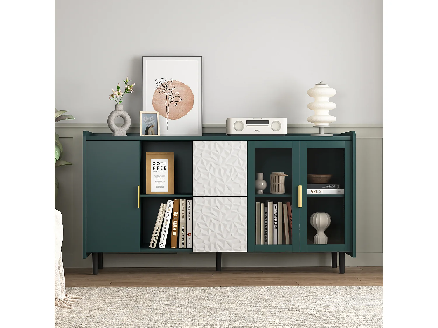 Aparador de cocina con 2 cajones, 2 estantes abiertos y 2 puertas de cristal, aparador de MDF verde (150x40x80 cm)