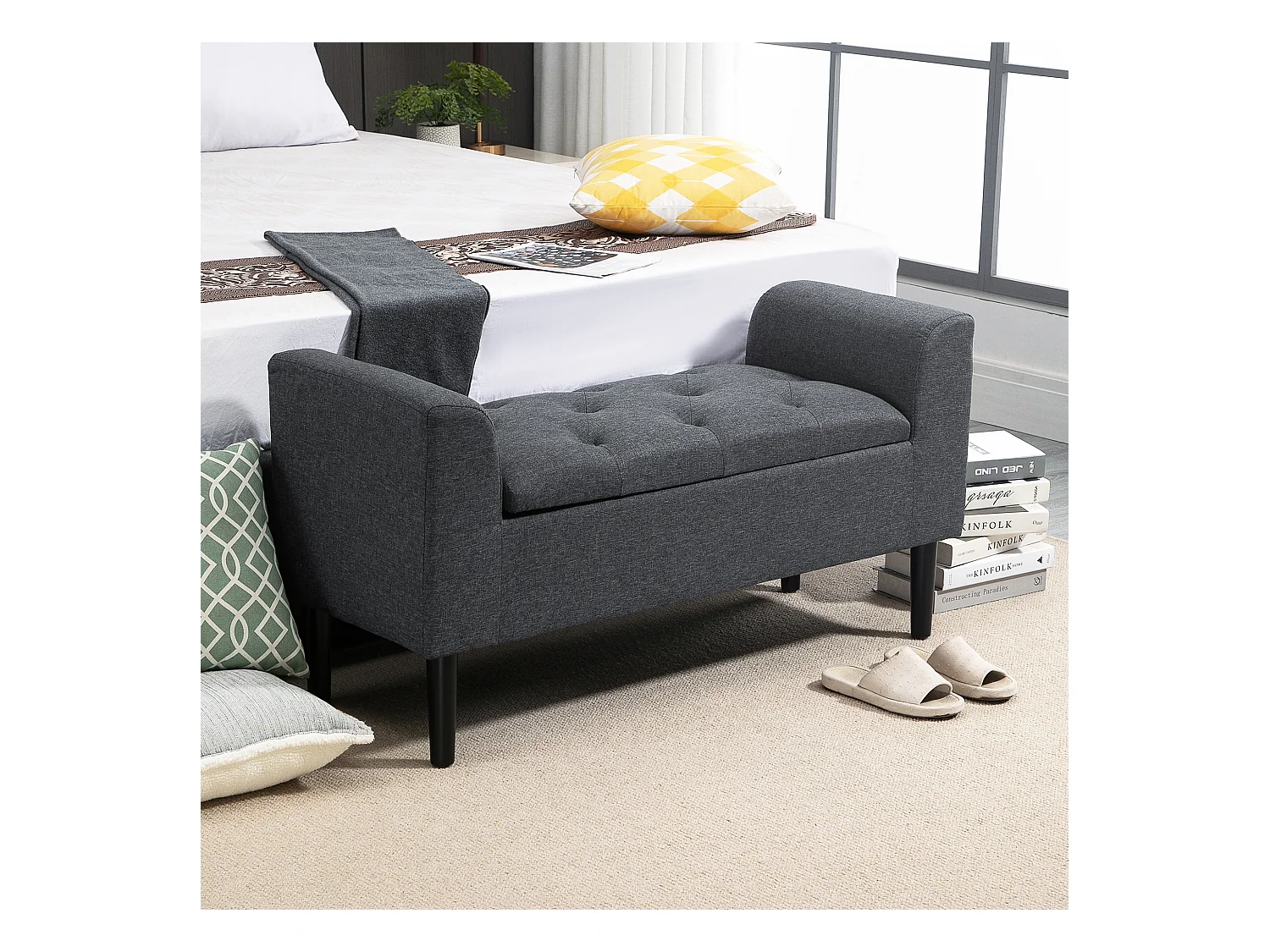 Banc coffre de rangement, polyester effet lin, gris anthracite, avec assise rembourrée (116x44x58cm)