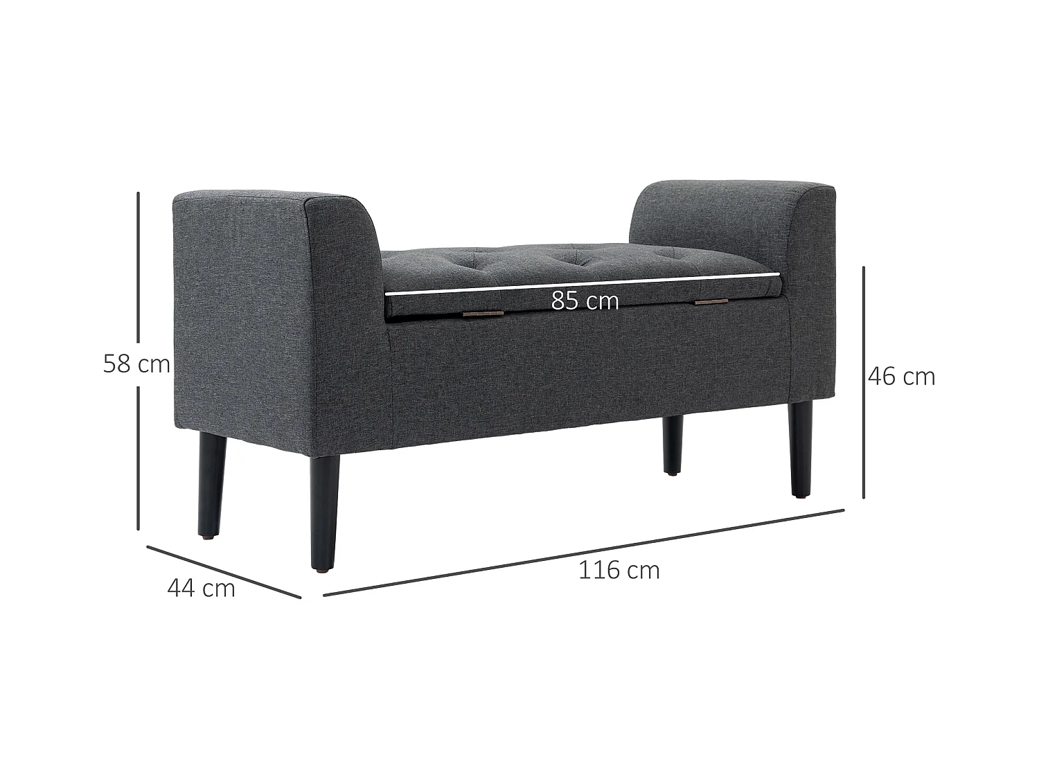Banc coffre de rangement, polyester effet lin, gris anthracite, avec assise rembourrée (116x44x58cm)