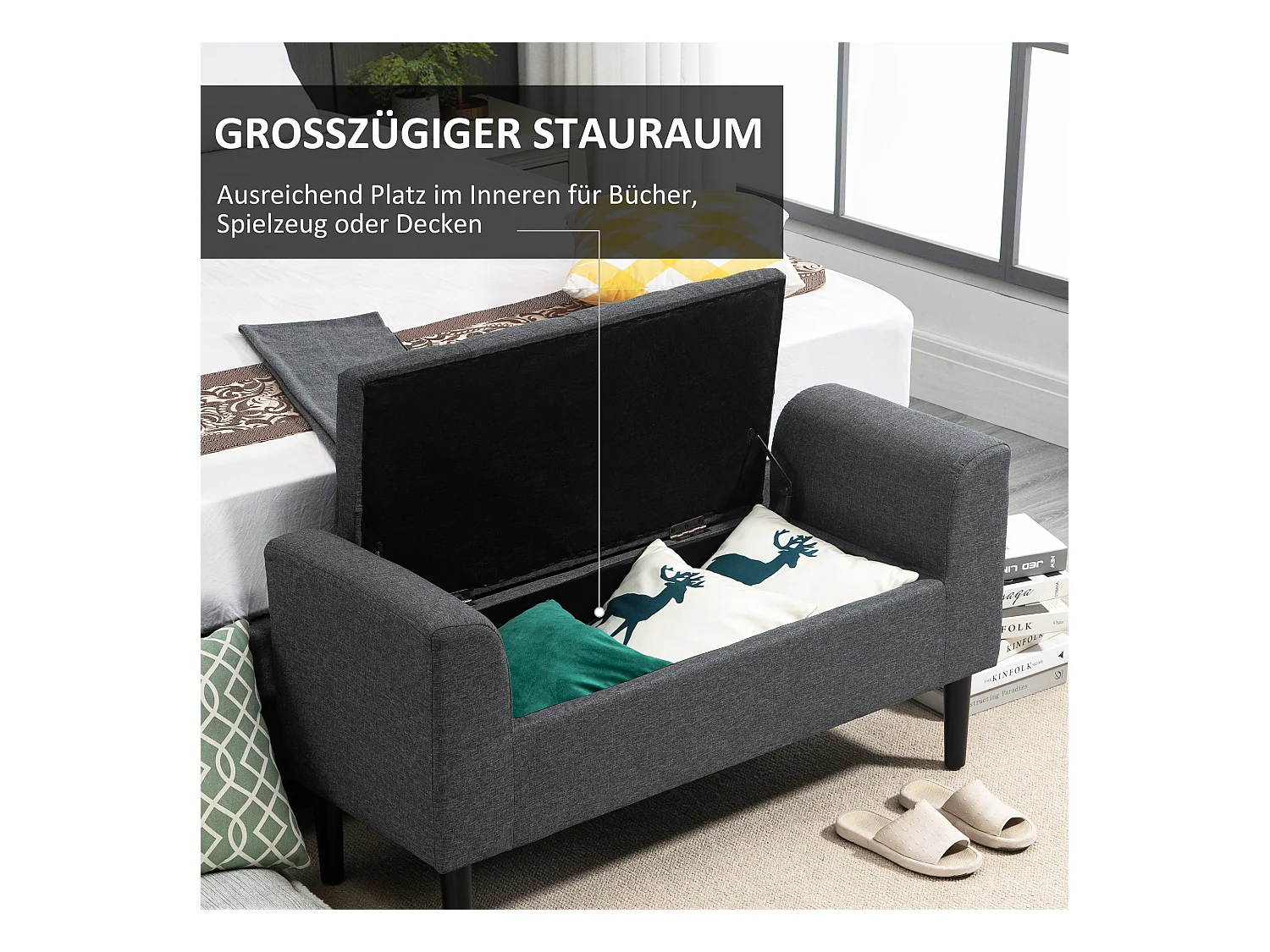 Banc coffre de rangement, polyester effet lin, gris anthracite, avec assise rembourrée (116x44x58cm)