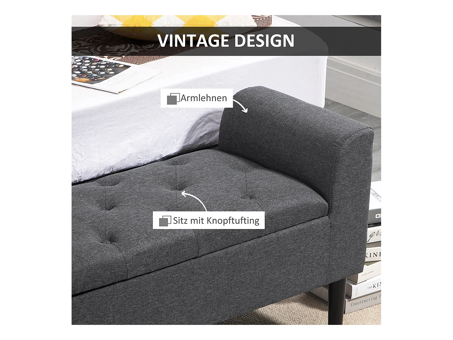 Banc coffre de rangement, polyester effet lin, gris anthracite, avec assise rembourrée (116x44x58cm)