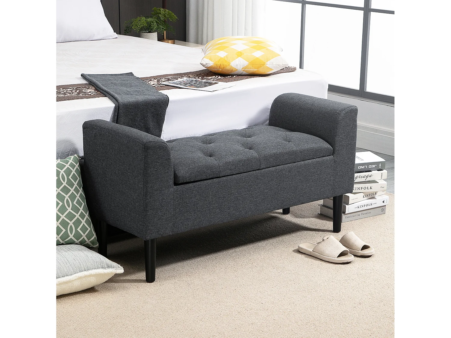 Banc coffre de rangement, polyester effet lin, gris anthracite, avec assise rembourrée (116x44x58cm)