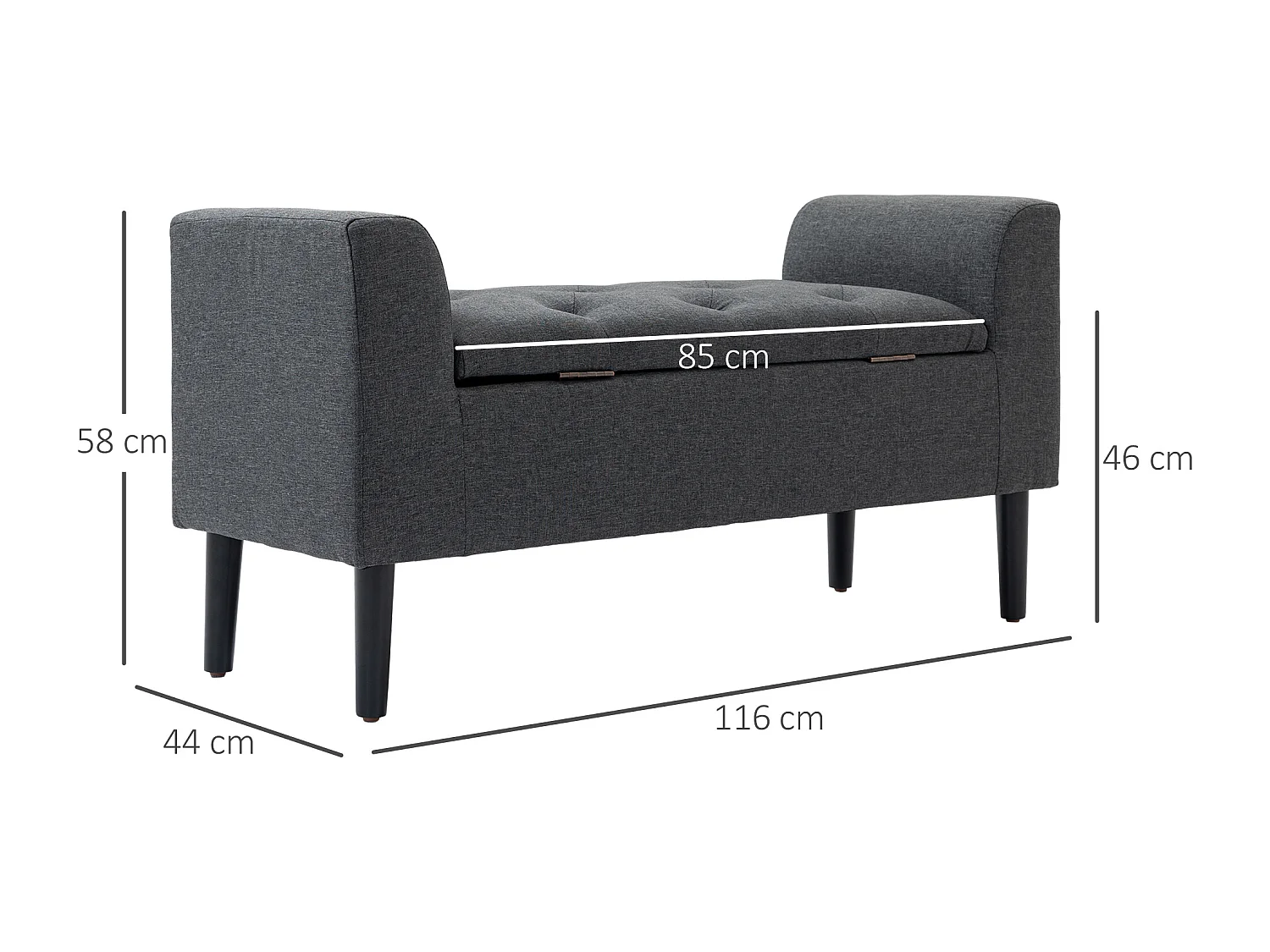 Banc coffre de rangement, polyester effet lin, gris anthracite, avec assise rembourrée (116x44x58cm)