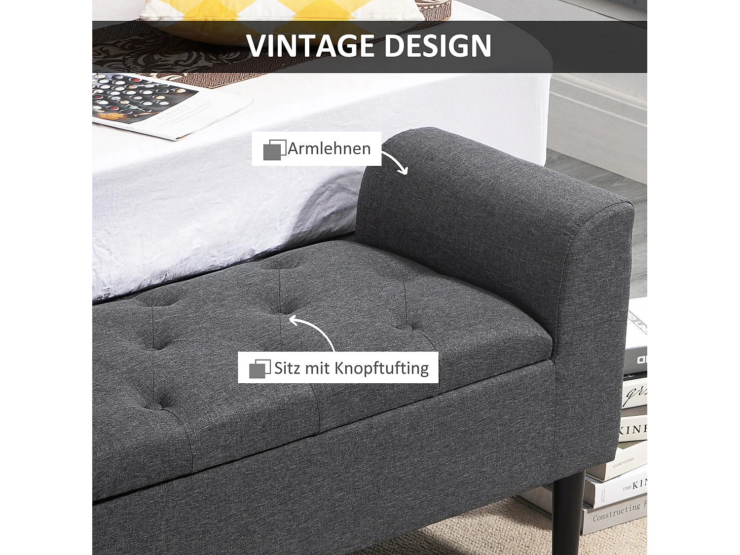 Banc coffre de rangement, polyester effet lin, gris anthracite, avec assise rembourrée (116x44x58cm)