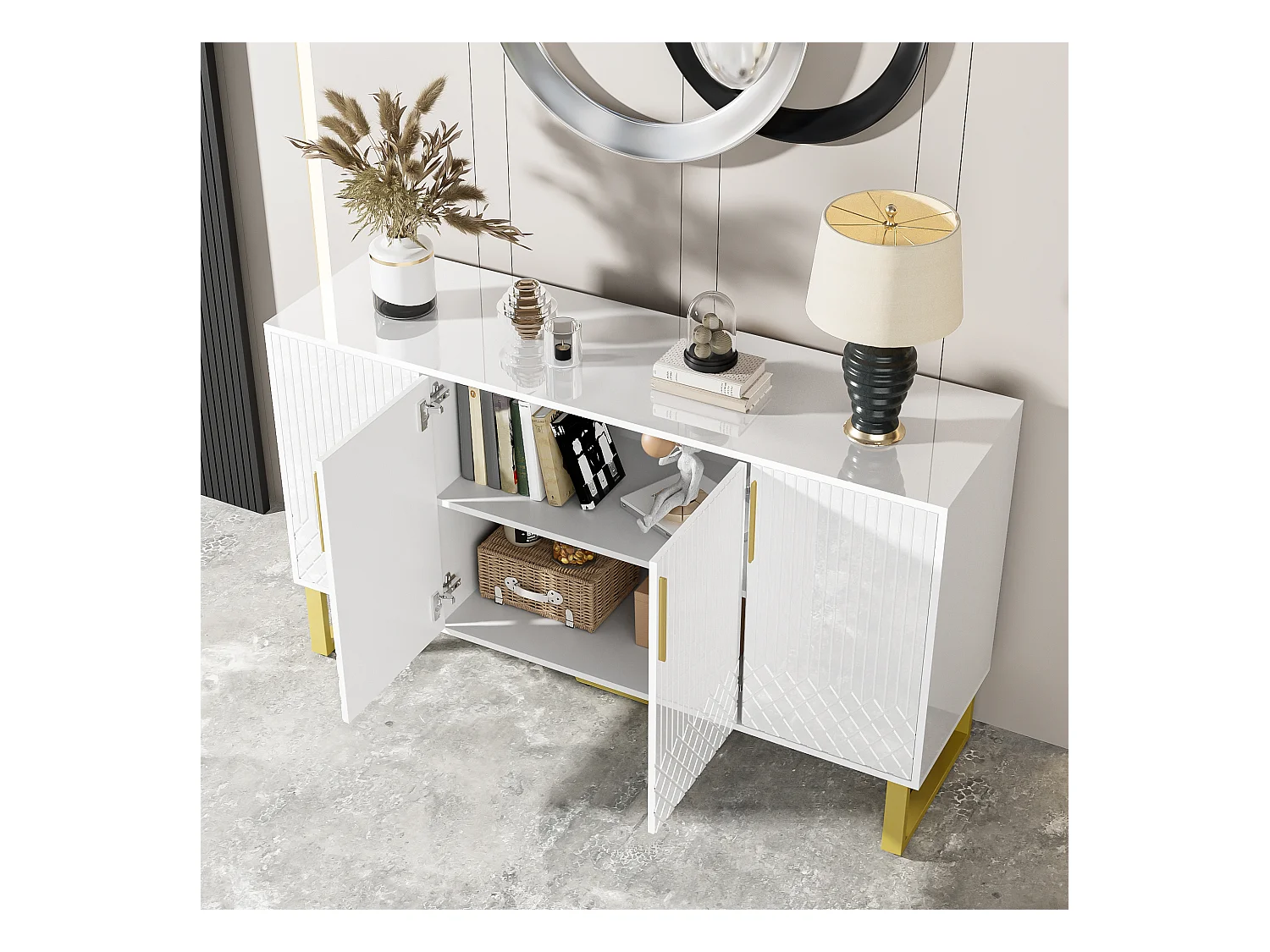 Buffet avec 4 Portes, Design Géométrique, Métal et MDF, Blanc, (140x40x80 cm)