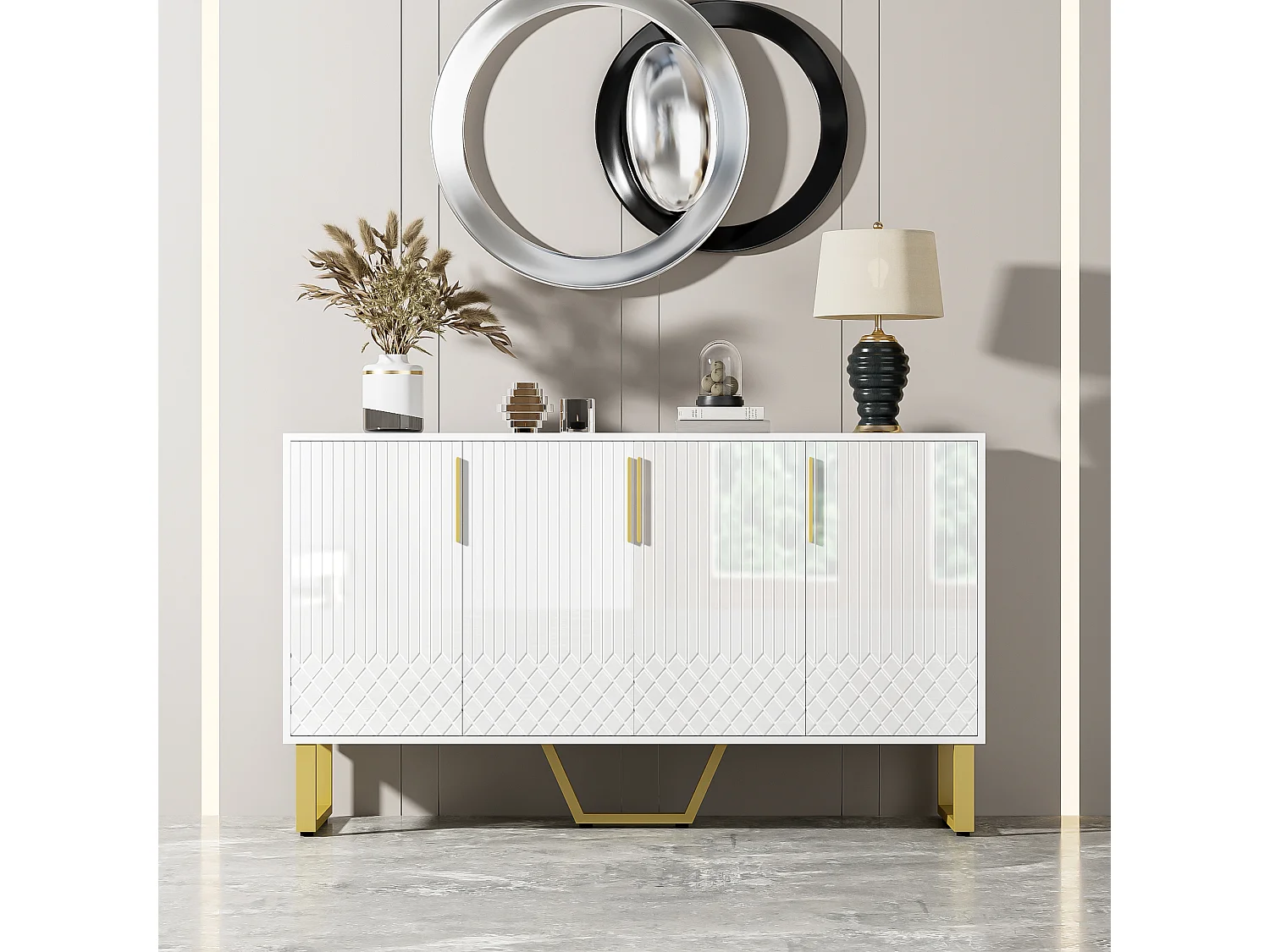 Buffet avec 4 Portes, Design Géométrique, Métal et MDF, Blanc, (140x40x80 cm)
