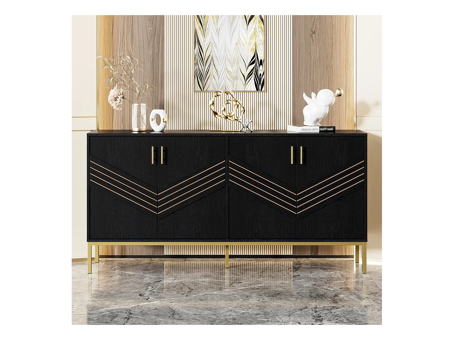 Buffet moderne avec 4 portes, MDF, noir et bois, avec étagères réglables, (160x40x80.5 cm)