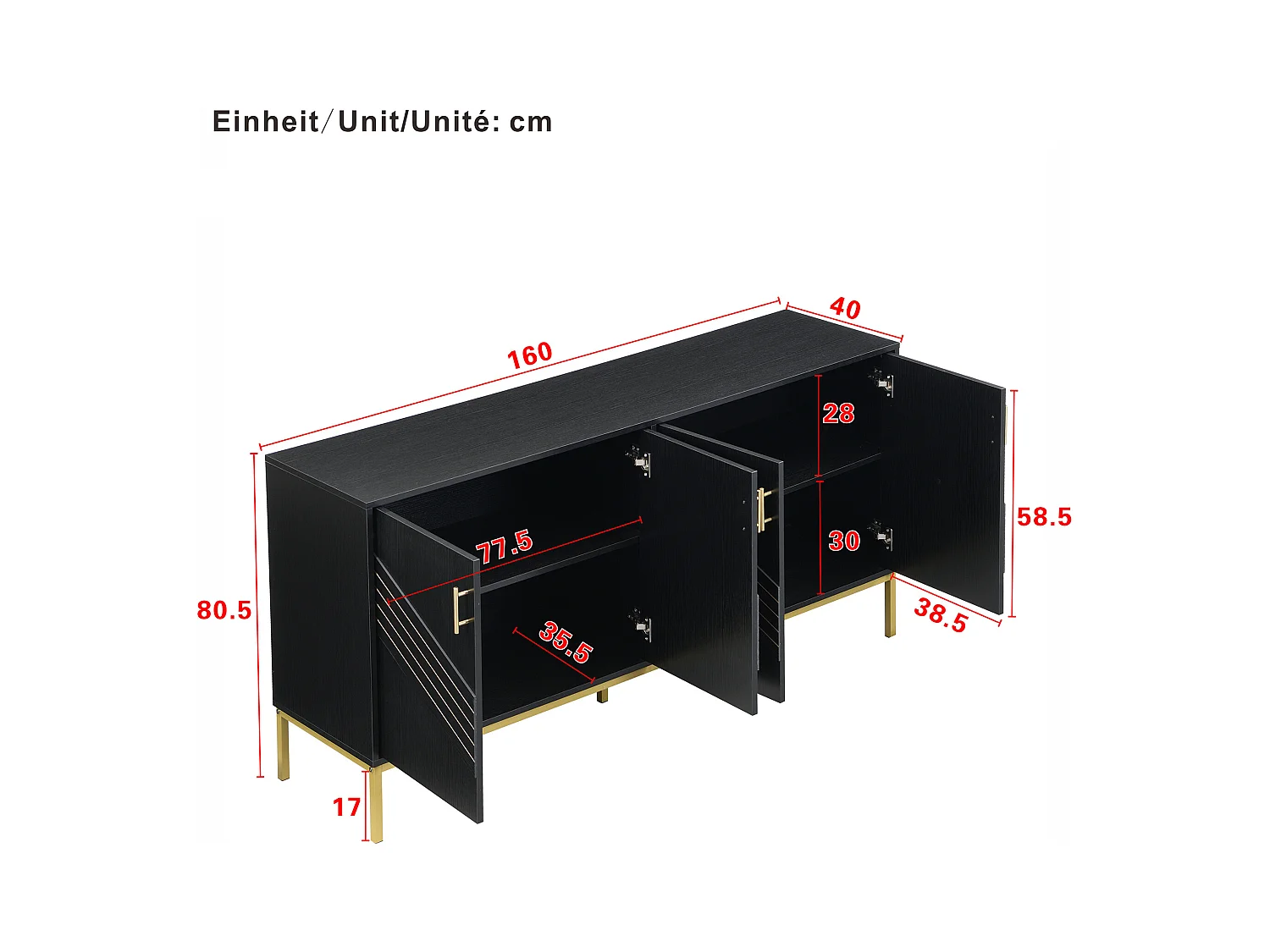 Buffet moderne avec 4 portes, MDF, noir et bois, avec étagères réglables, (160x40x80.5 cm)