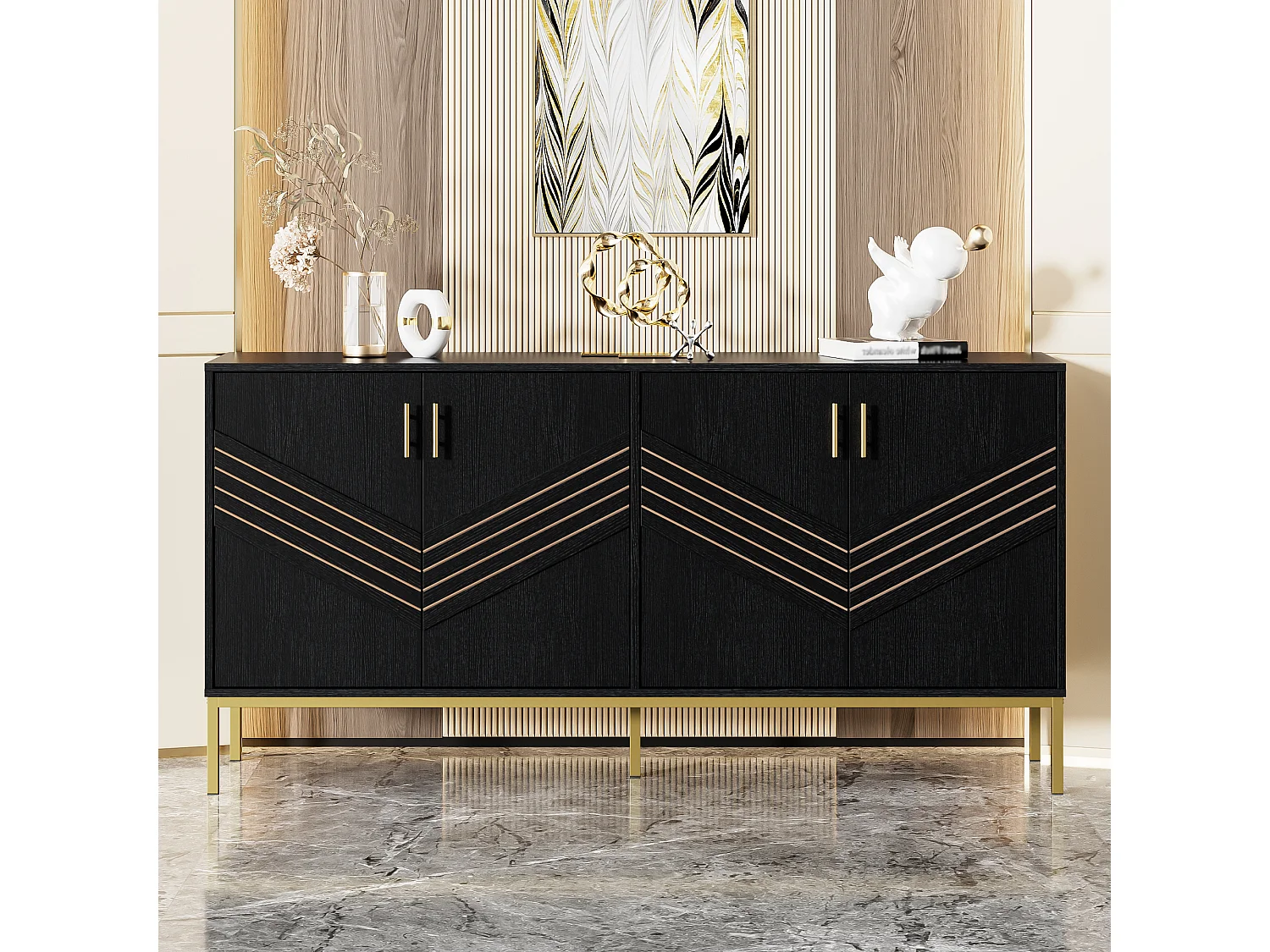 Buffet moderne avec 4 portes, MDF, noir et bois, avec étagères réglables, (160x40x80.5 cm)