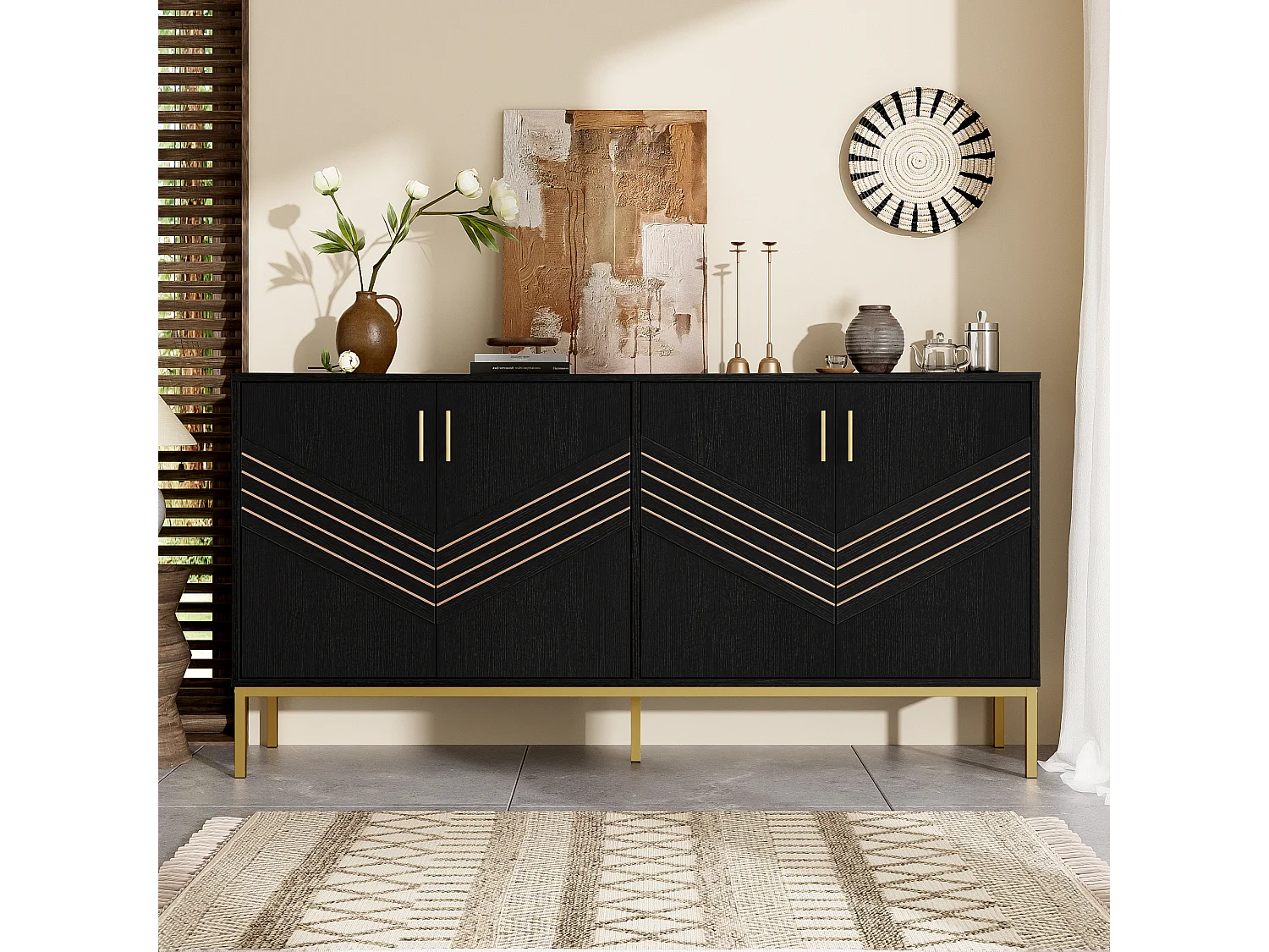 Buffet moderne avec 4 portes, MDF, noir et bois, avec étagères réglables, (160x40x80.5 cm)