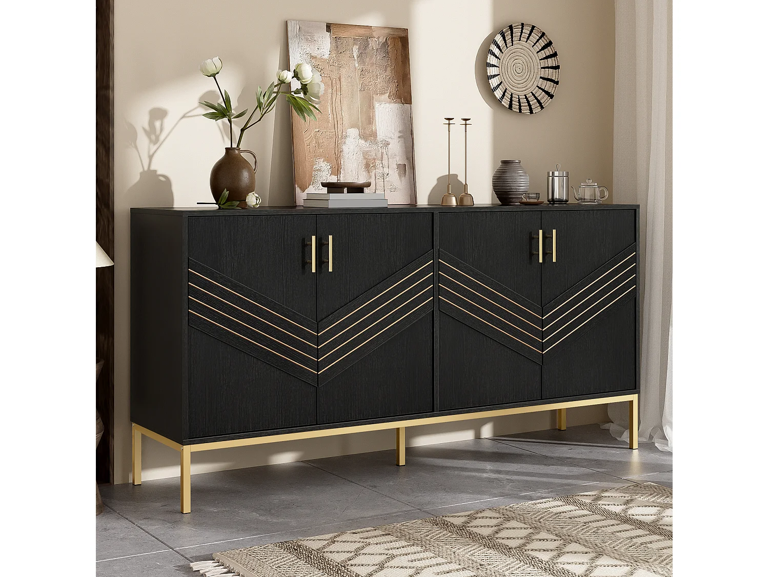Buffet moderne avec 4 portes, MDF, noir et bois, avec étagères réglables, (160x40x80.5 cm)