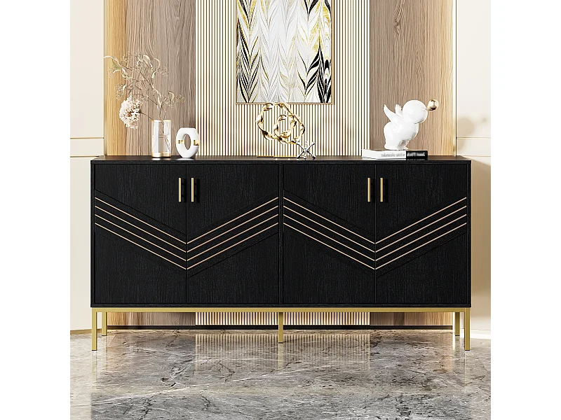 Modern dressoir met 4 deuren, MDF, zwart en hout, met verstelbare planken, (160x40x80,5 cm)