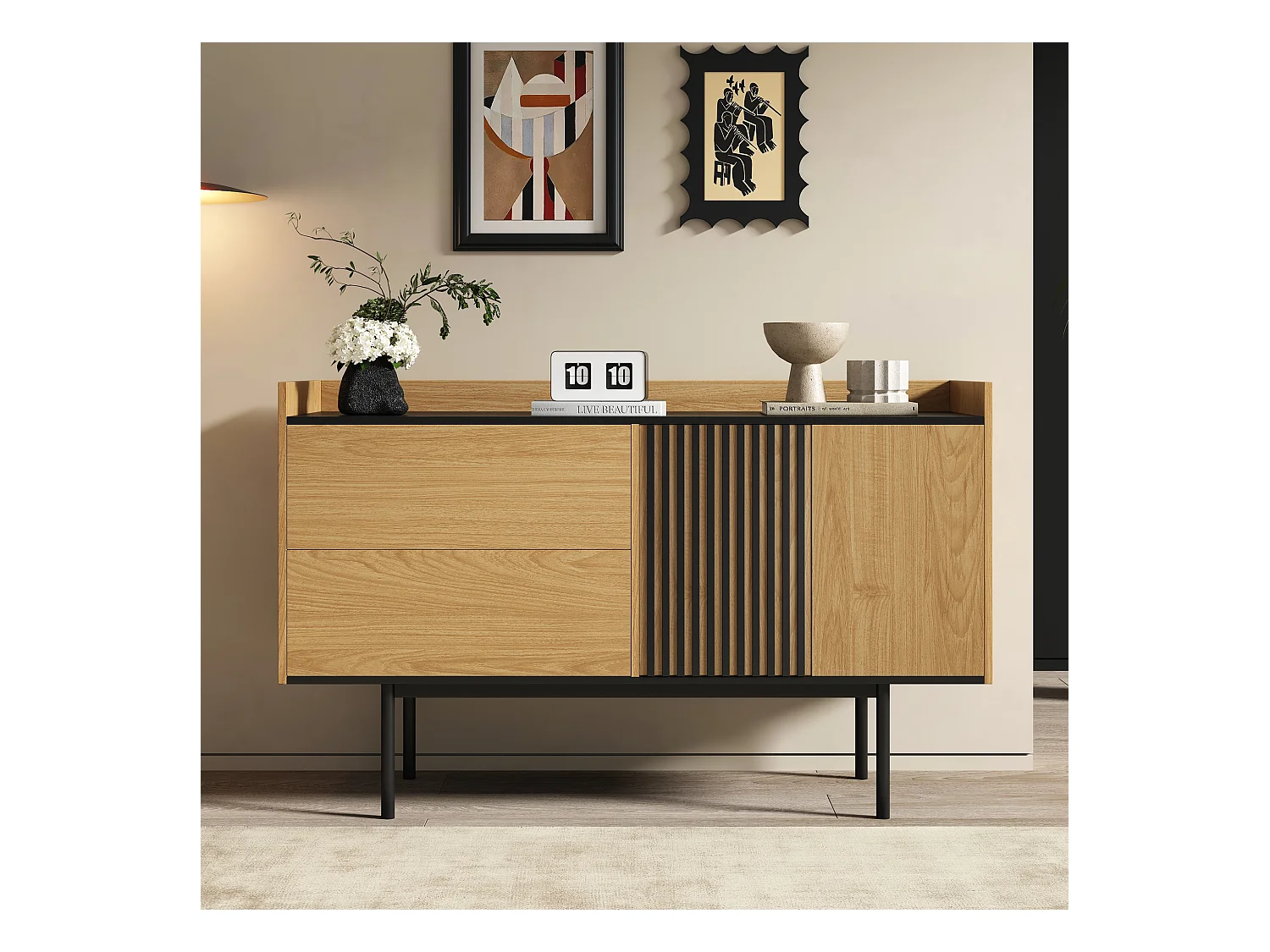 Buffet minimaliste moderne avec 2 tiroirs et étagère réglable, MDF, bois naturel et noir (141.61x46.99x12.07 cm)