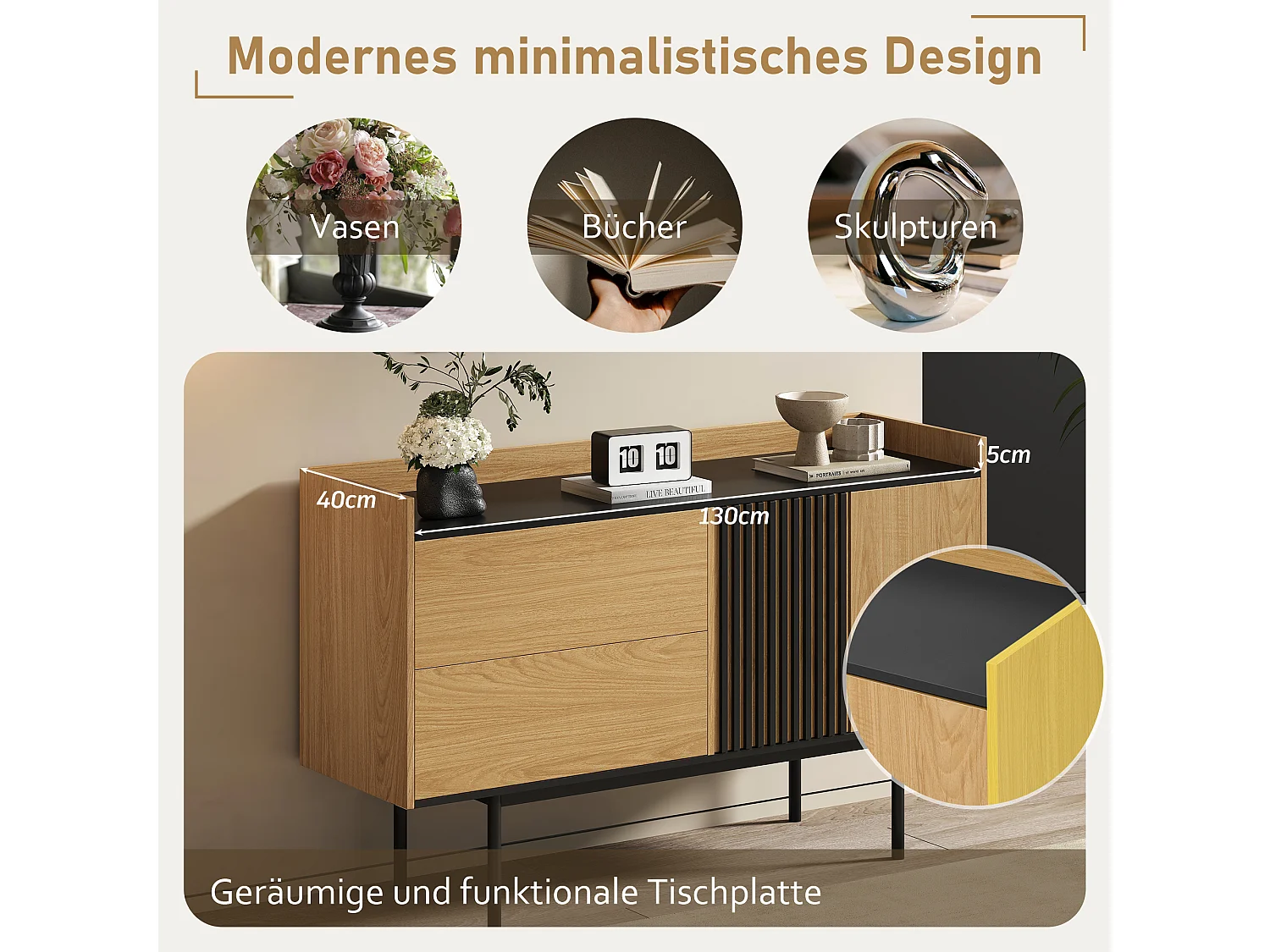 Buffet minimaliste moderne avec 2 tiroirs et étagère réglable, MDF, bois naturel et noir (141.61x46.99x12.07 cm)