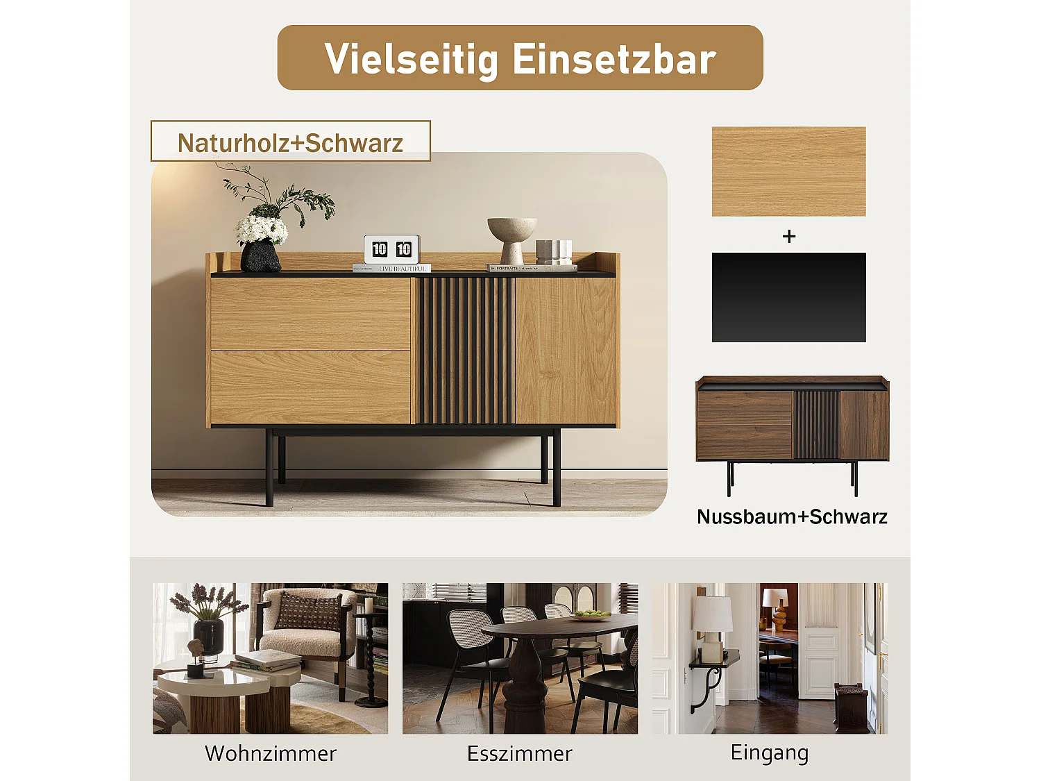 Buffet minimaliste moderne avec 2 tiroirs et étagère réglable, MDF, bois naturel et noir (141.61x46.99x12.07 cm)