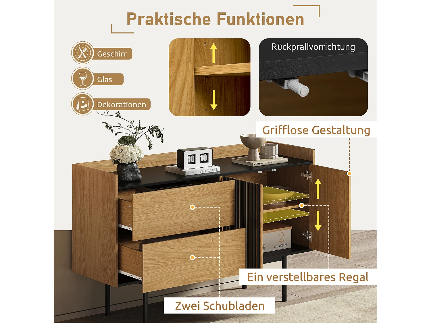 Buffet minimaliste moderne avec 2 tiroirs et étagère réglable, MDF, bois naturel et noir (141.61x46.99x12.07 cm)