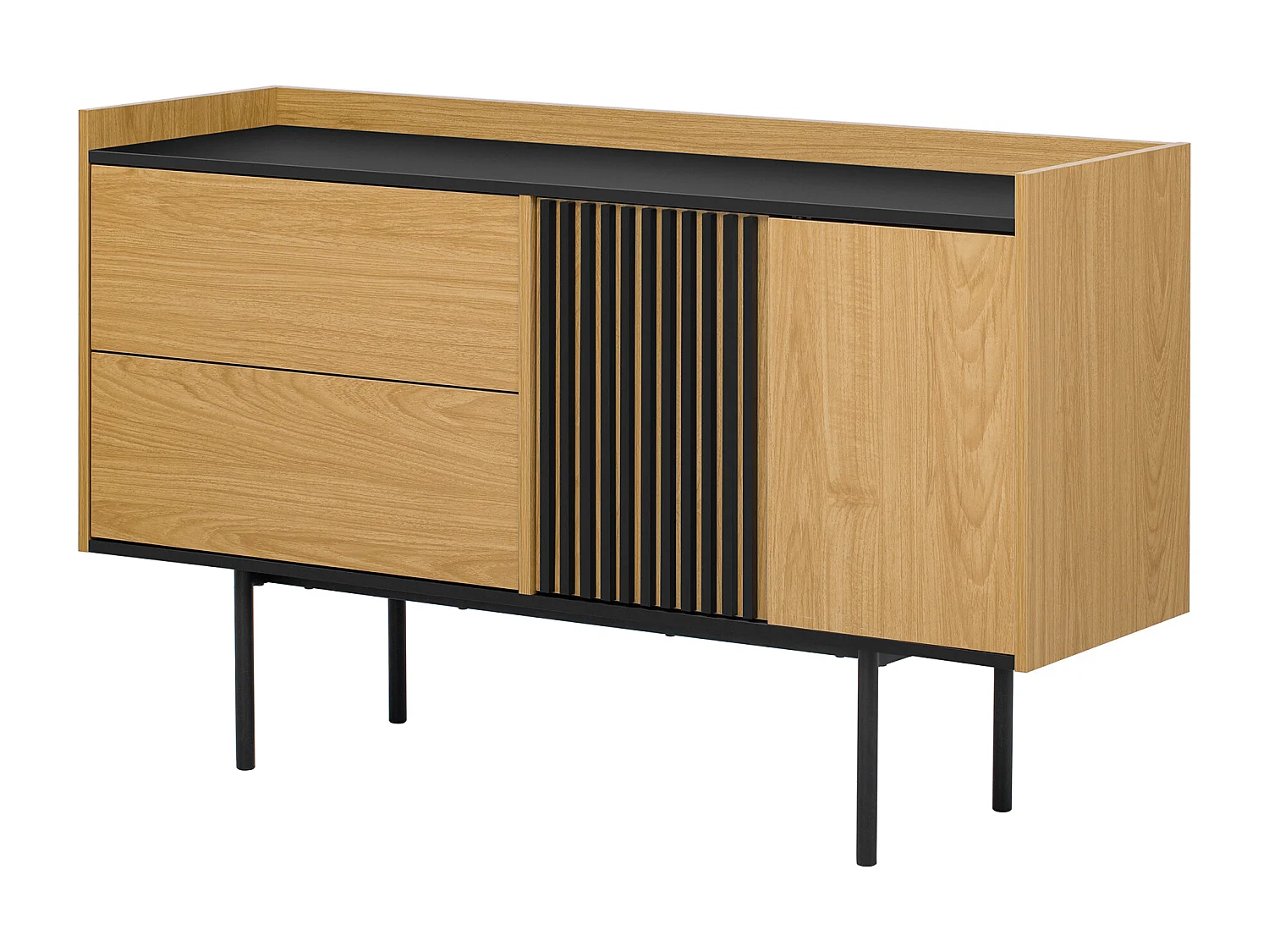 Buffet minimaliste moderne avec 2 tiroirs et étagère réglable, MDF, bois naturel et noir (141.61x46.99x12.07 cm)