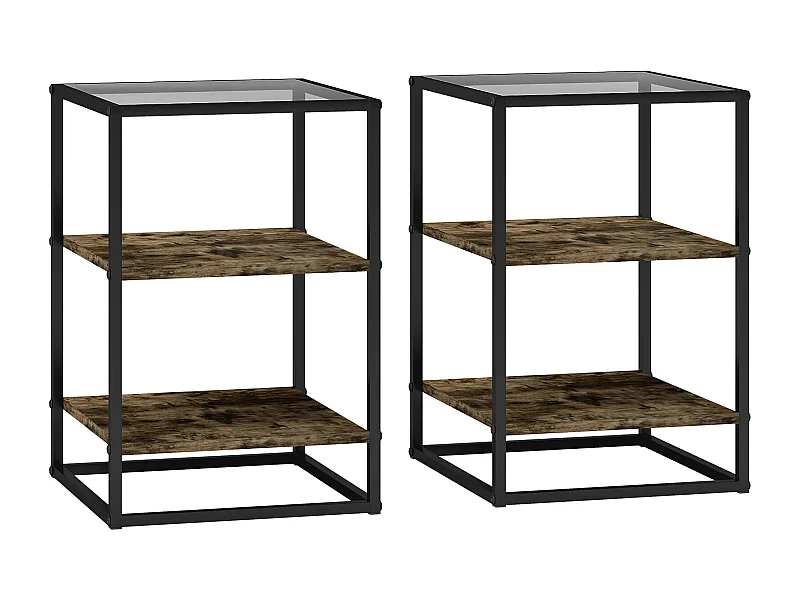 Ronde salontafel met planken, 2-delig, van metaal en glas, houtlook, bruin (40x37x55,5 cm)