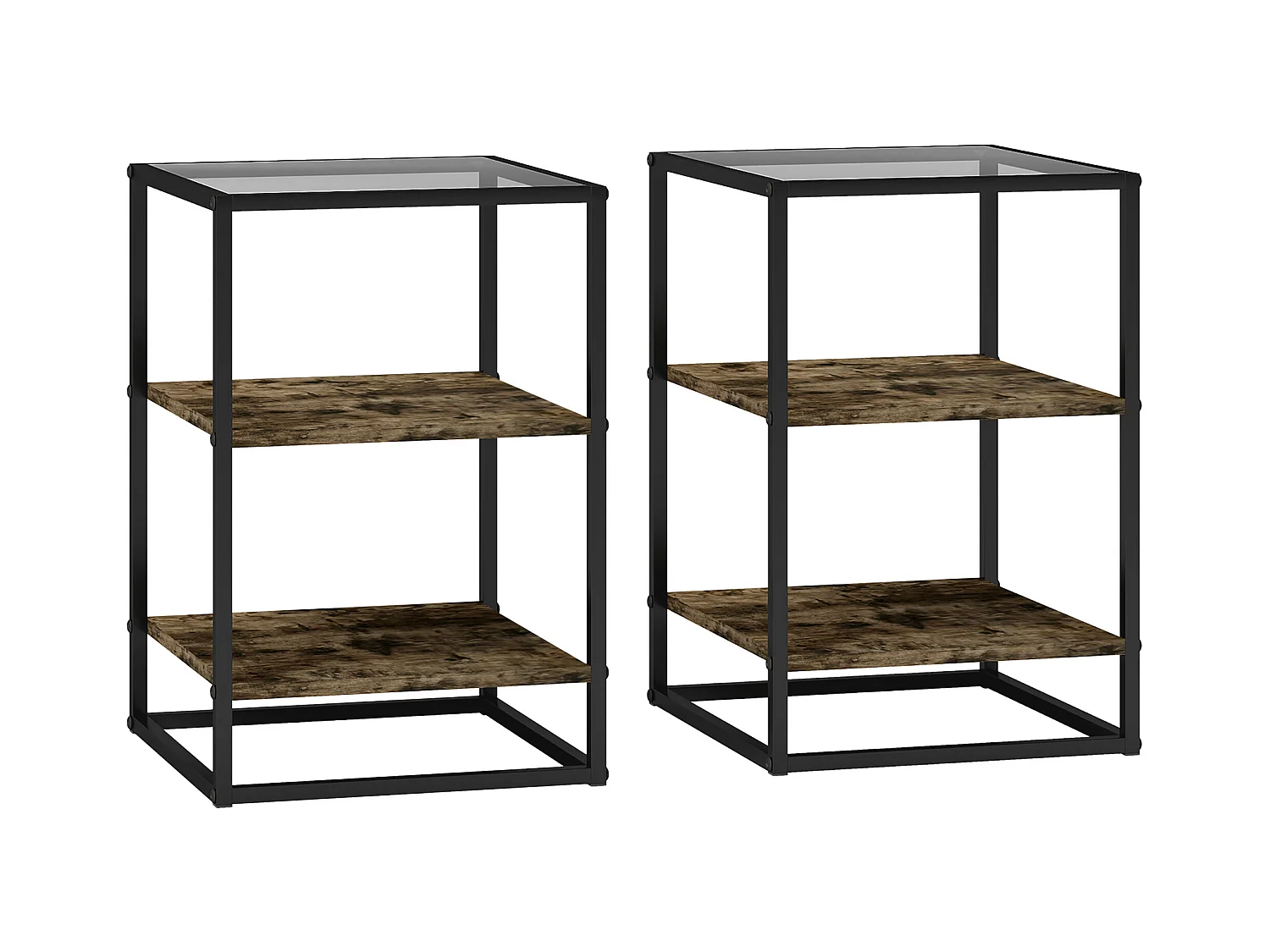 Table basse ronde 2 pièces, avec étagères, en métal et verre, finition bois, marron (40x37x55.5 cm)