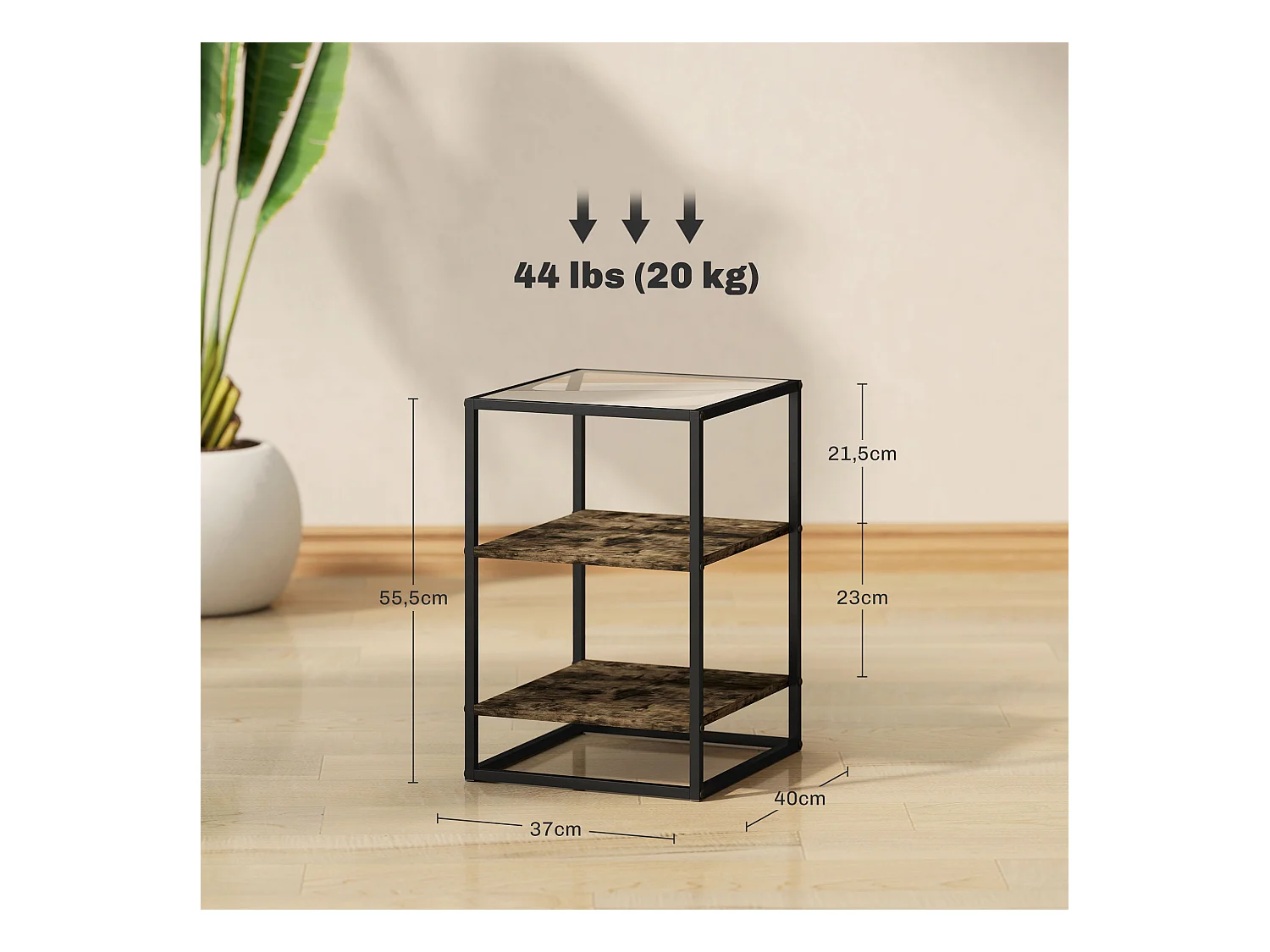 Table basse ronde 2 pièces, avec étagères, en métal et verre, finition bois, marron (40x37x55.5 cm)