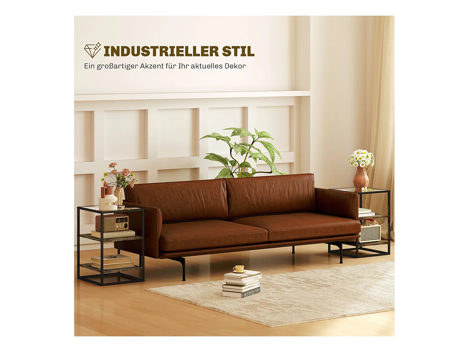 Table basse ronde 2 pièces, avec étagères, en métal et verre, finition bois, marron (40x37x55.5 cm)