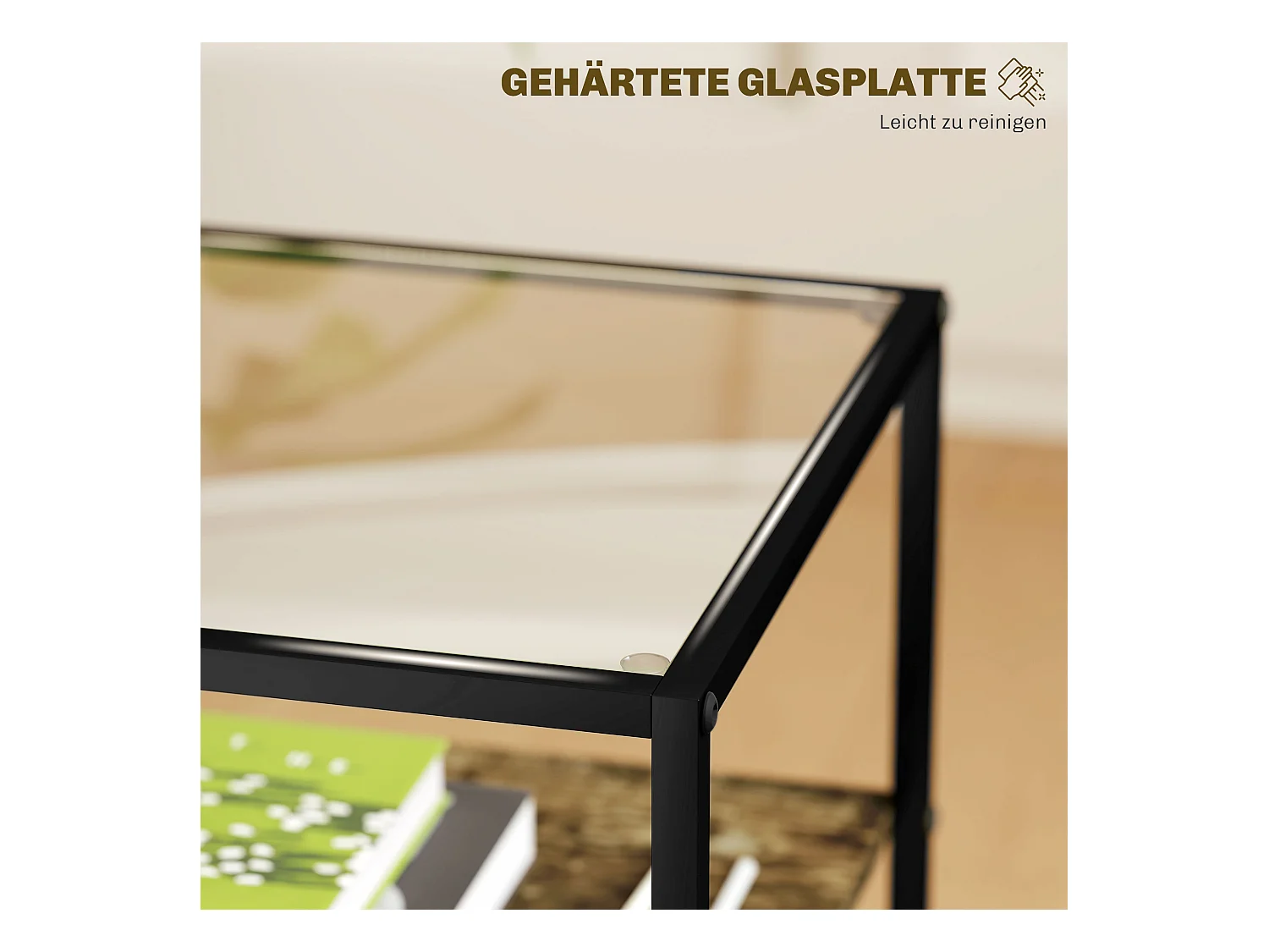 Table basse ronde 2 pièces, avec étagères, en métal et verre, finition bois, marron (40x37x55.5 cm)