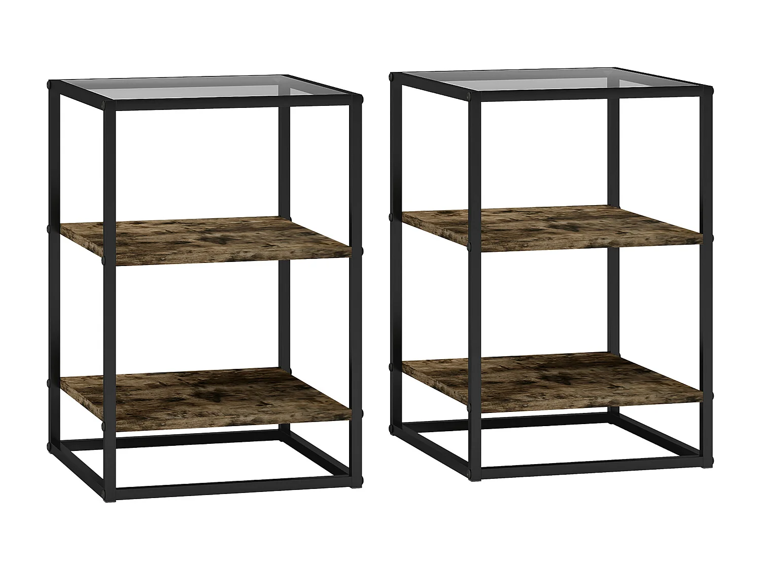 Table basse ronde 2 pièces, avec étagères, en métal et verre, finition bois, marron (40x37x55.5 cm)