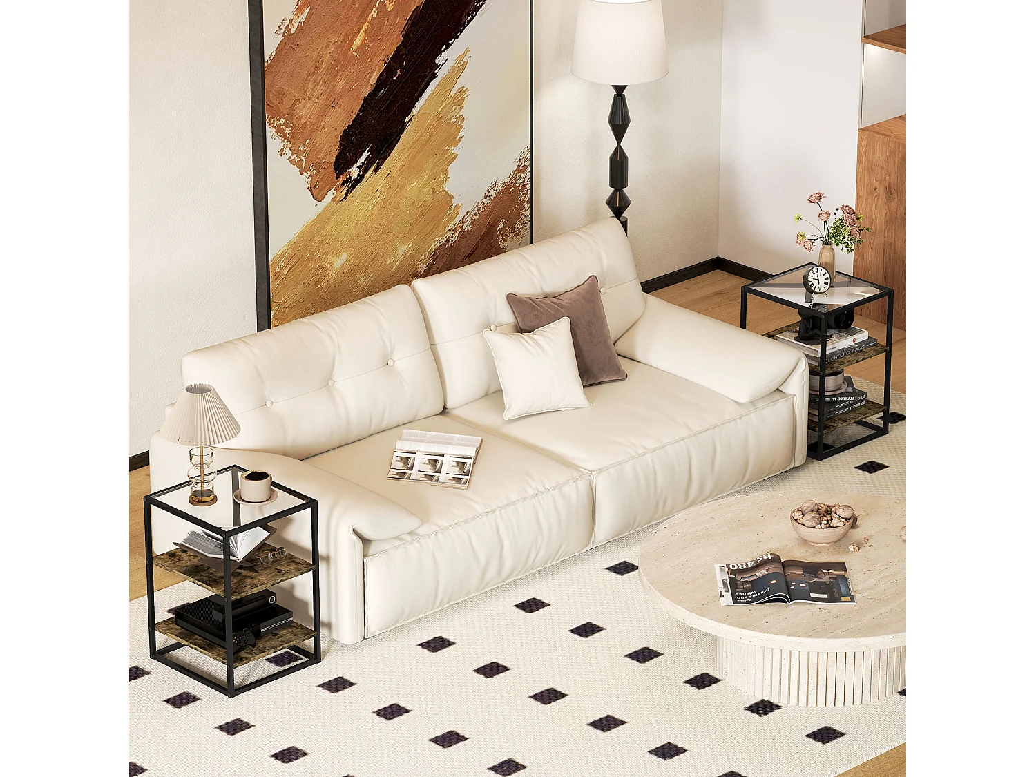 Table basse ronde 2 pièces, avec étagères, en métal et verre, finition bois, marron (40x37x55.5 cm)