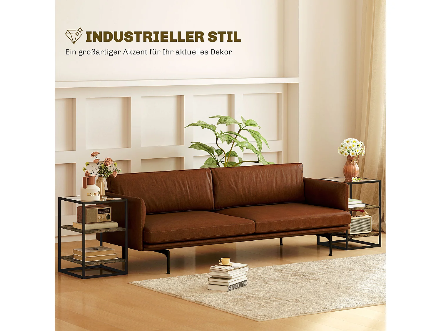 Table basse ronde 2 pièces, avec étagères, en métal et verre, finition bois, marron (40x37x55.5 cm)