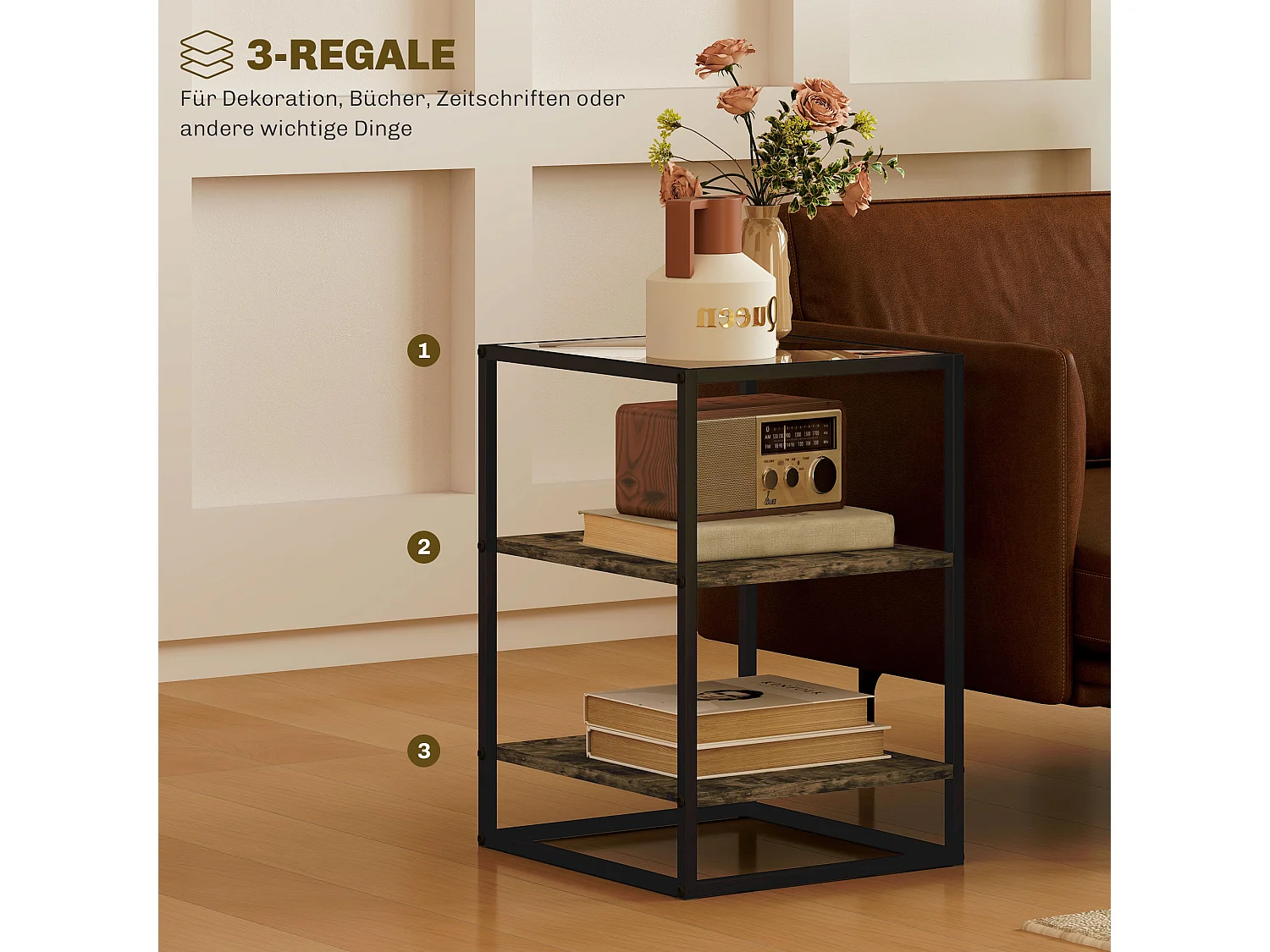 Table basse ronde 2 pièces, avec étagères, en métal et verre, finition bois, marron (40x37x55.5 cm)