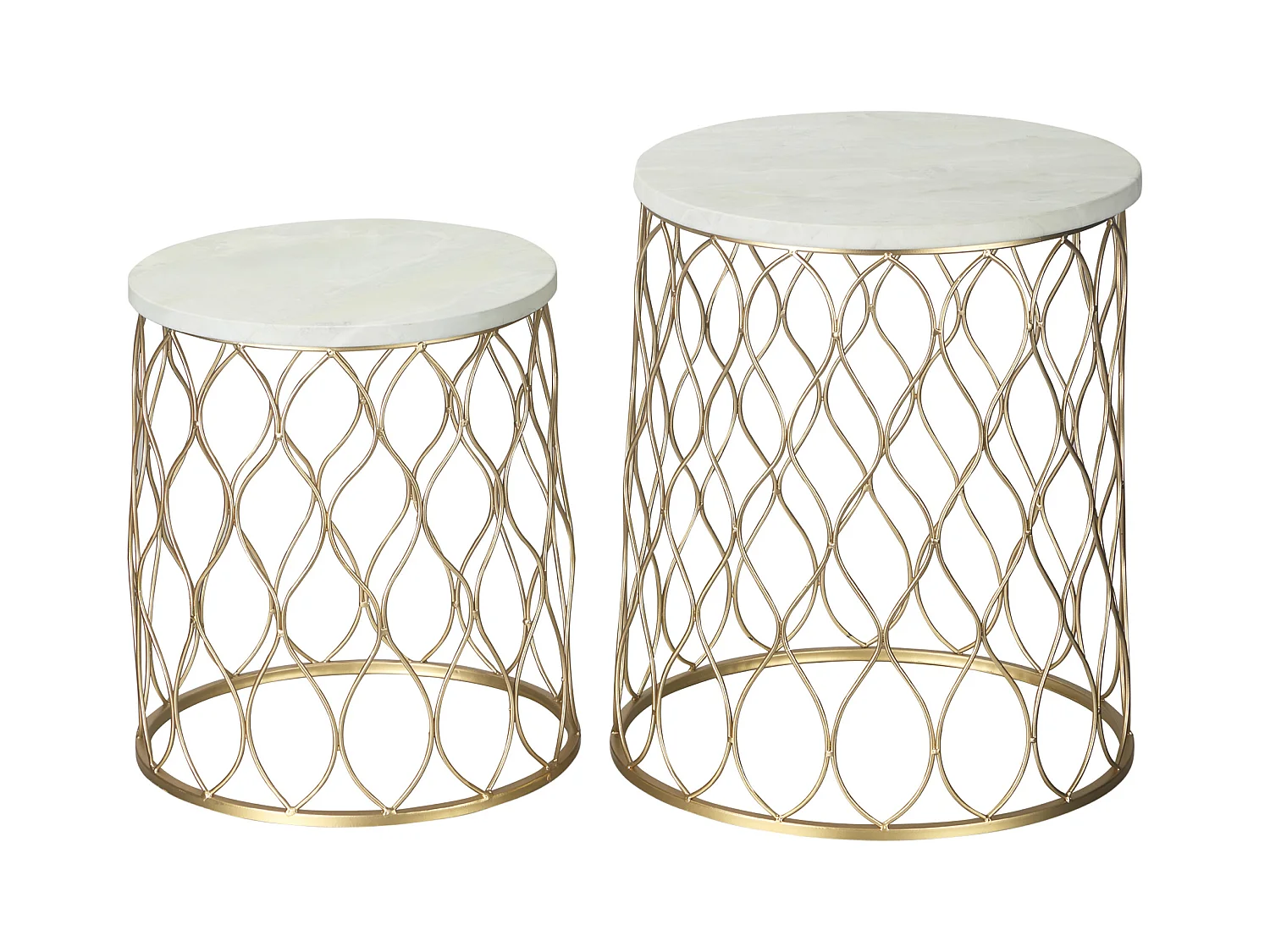 Lot de 2 tables d'appoint design panier, acier laqué, plateau marbré, or et blanc, pour intérieur/extérieur (Ø41x46cm)