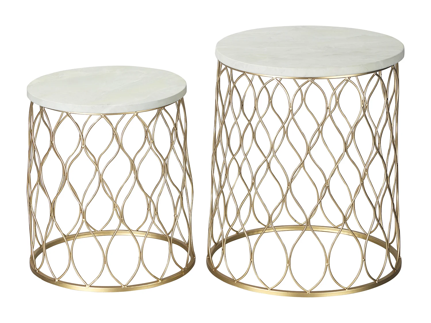 Set di 2 tavolini laterali di design a forma di cestino, in acciaio laccato, piano in marmo, oro e bianco, per uso interno/esterno (Ø41x46cm)