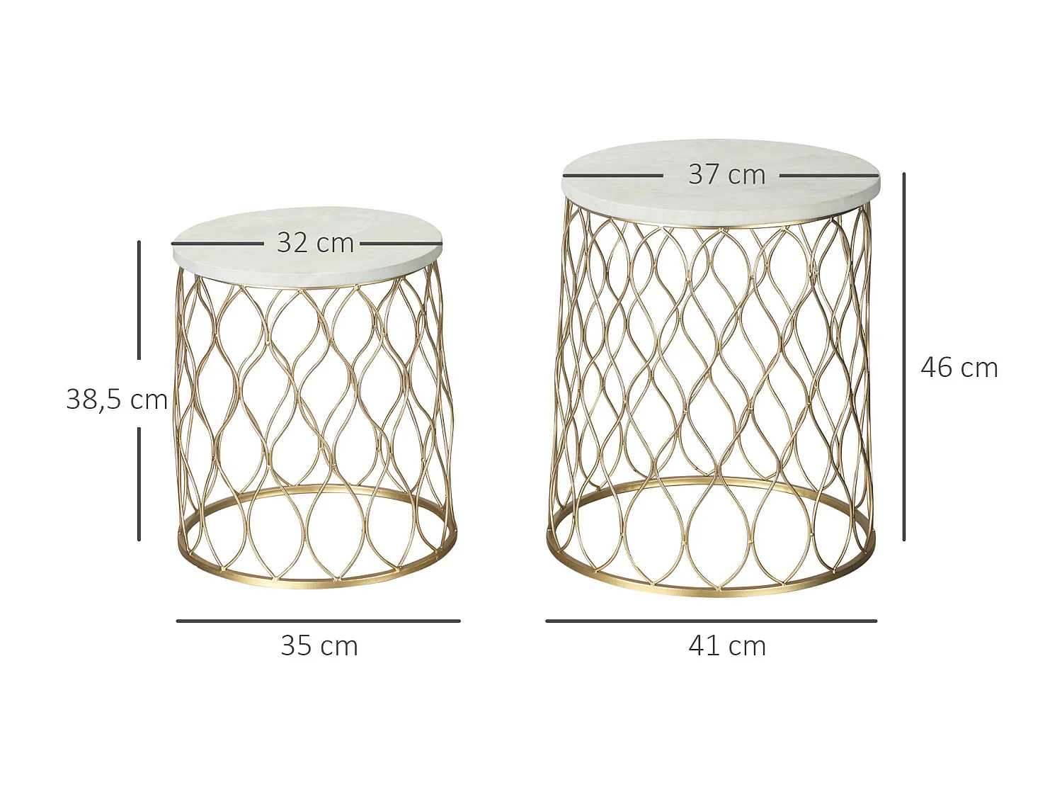Set di 2 tavolini laterali di design a forma di cestino, in acciaio laccato, piano in marmo, oro e bianco, per uso interno/esterno (Ø41x46cm)