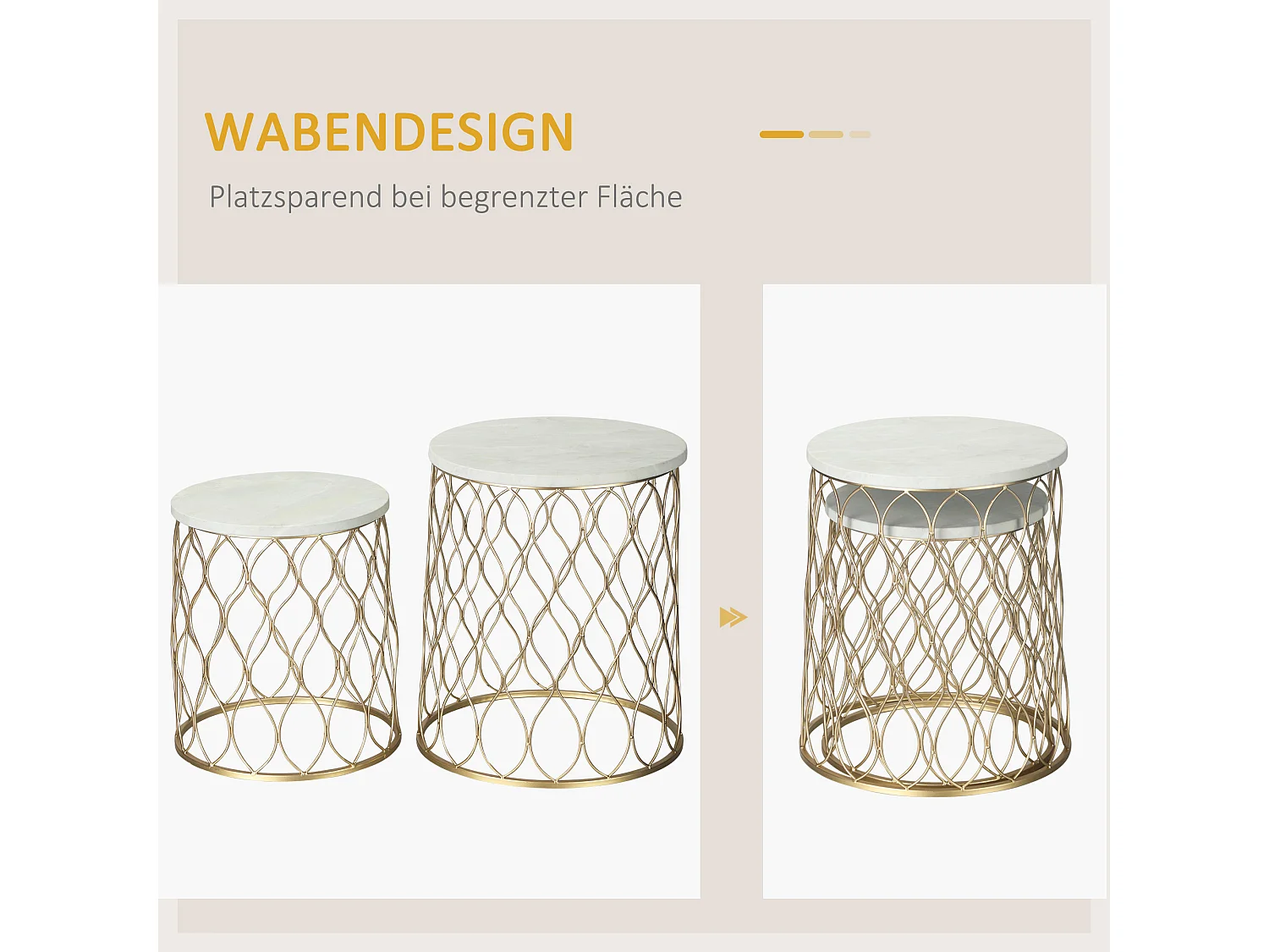 Set di 2 tavolini laterali di design a forma di cestino, in acciaio laccato, piano in marmo, oro e bianco, per uso interno/esterno (Ø41x46cm)